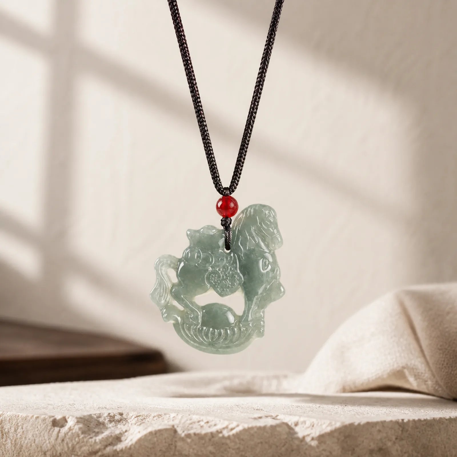 Year of the Horse Jade Ingot Luck Prosperity Rope Necklace Pendant featuring Horse, Jade, Dragon