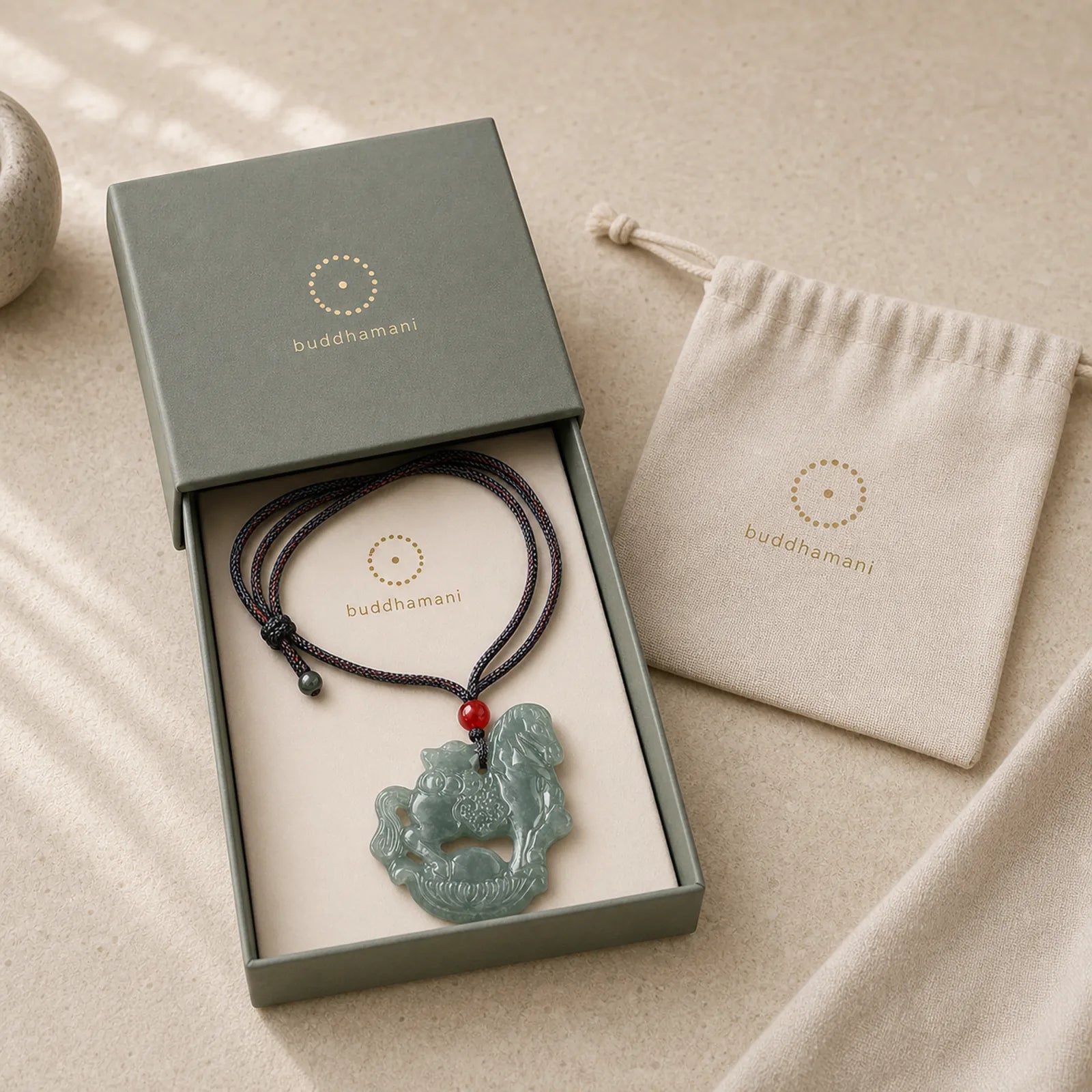 Year of the Horse Jade Ingot Luck Prosperity Rope Necklace Pendant featuring Horse, Jade, Dragon