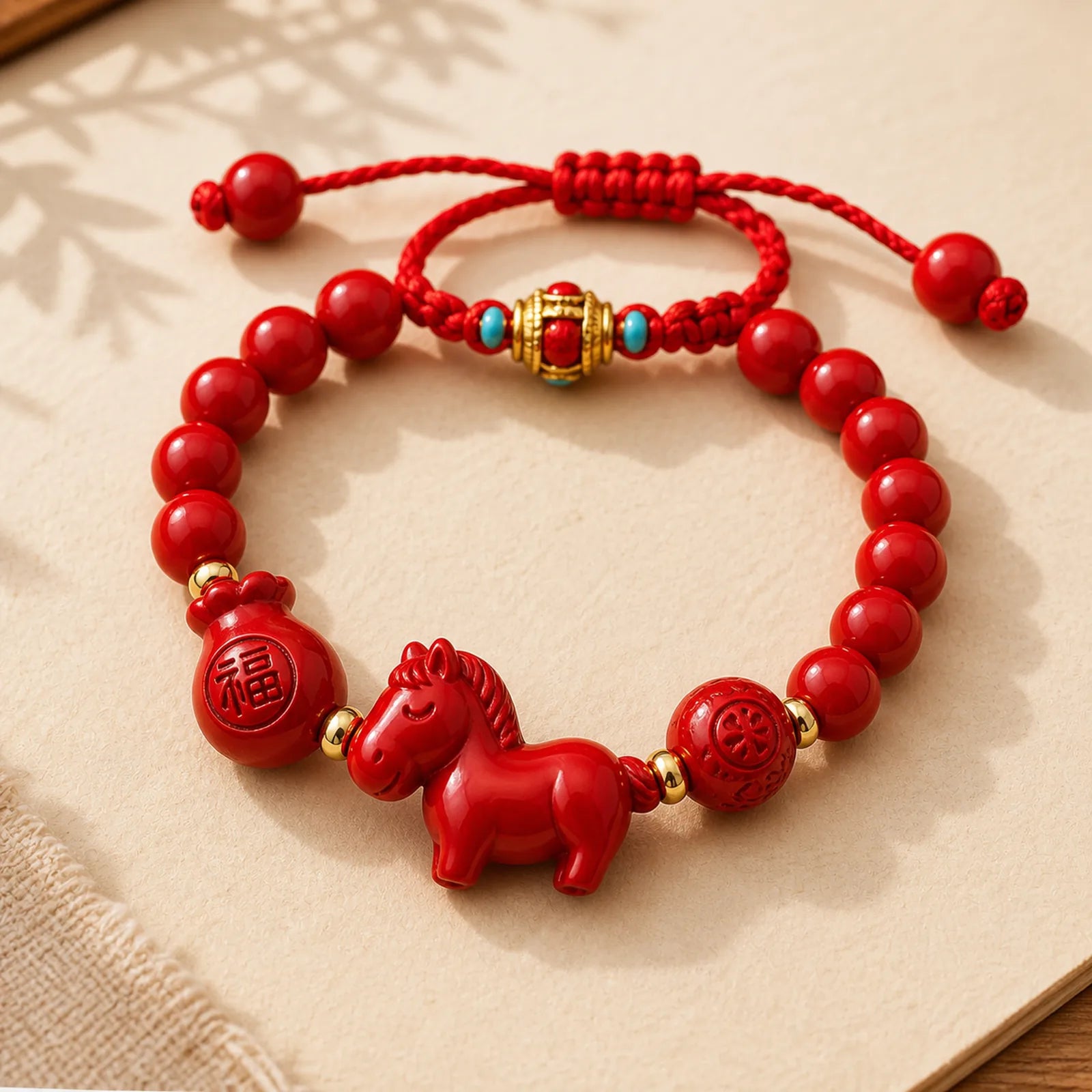 Year of the Horse Natural Cinnabar Fu Character Lucky Bag Blessing Bracelet featuring Horse, Cinnabar, Fu Character