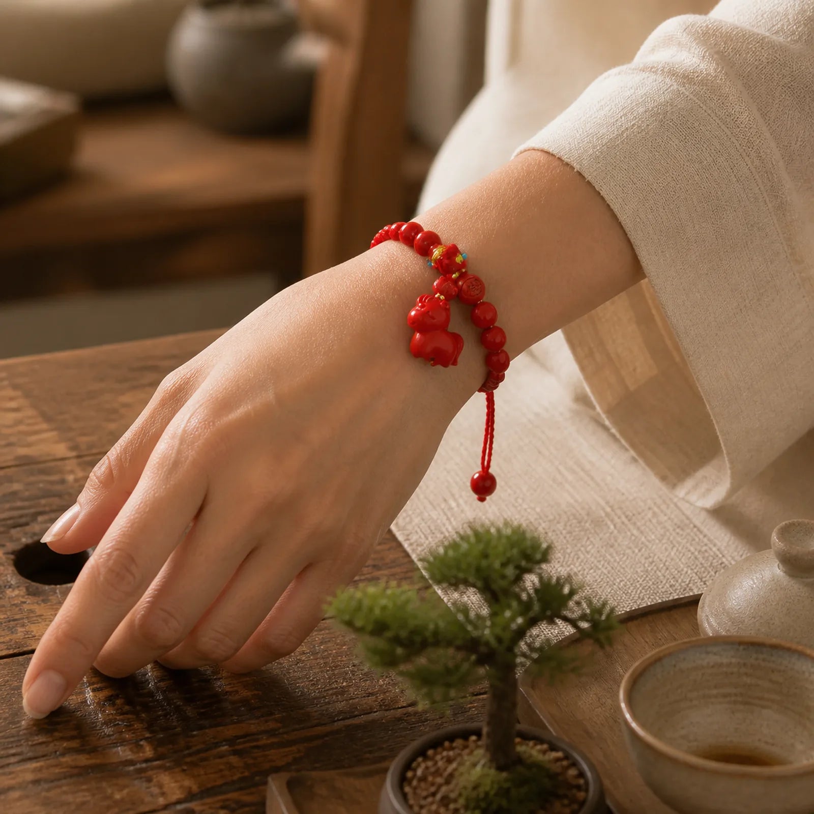 Year of the Horse Natural Cinnabar Fu Character Lucky Bag Blessing Bracelet featuring Horse, Cinnabar, Fu Character
