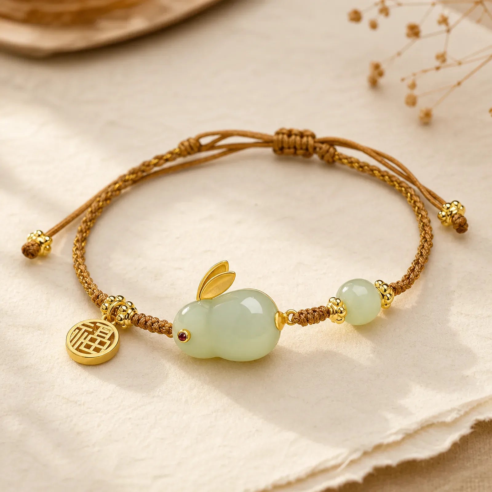 Year of the Rabbit Hetian Jade Happiness Blessing Wealth String Bracelet featuring Jade, Evil Eye