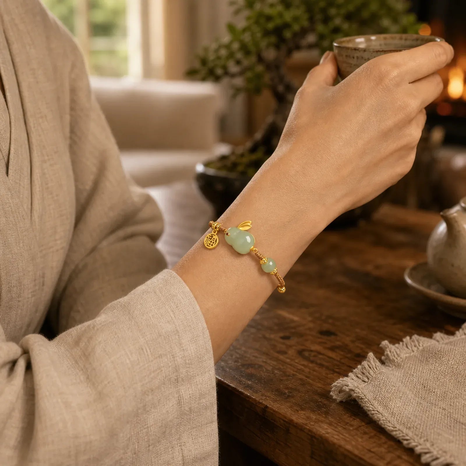 Year of the Rabbit Hetian Jade Happiness Blessing Wealth String Bracelet featuring Jade, Evil Eye