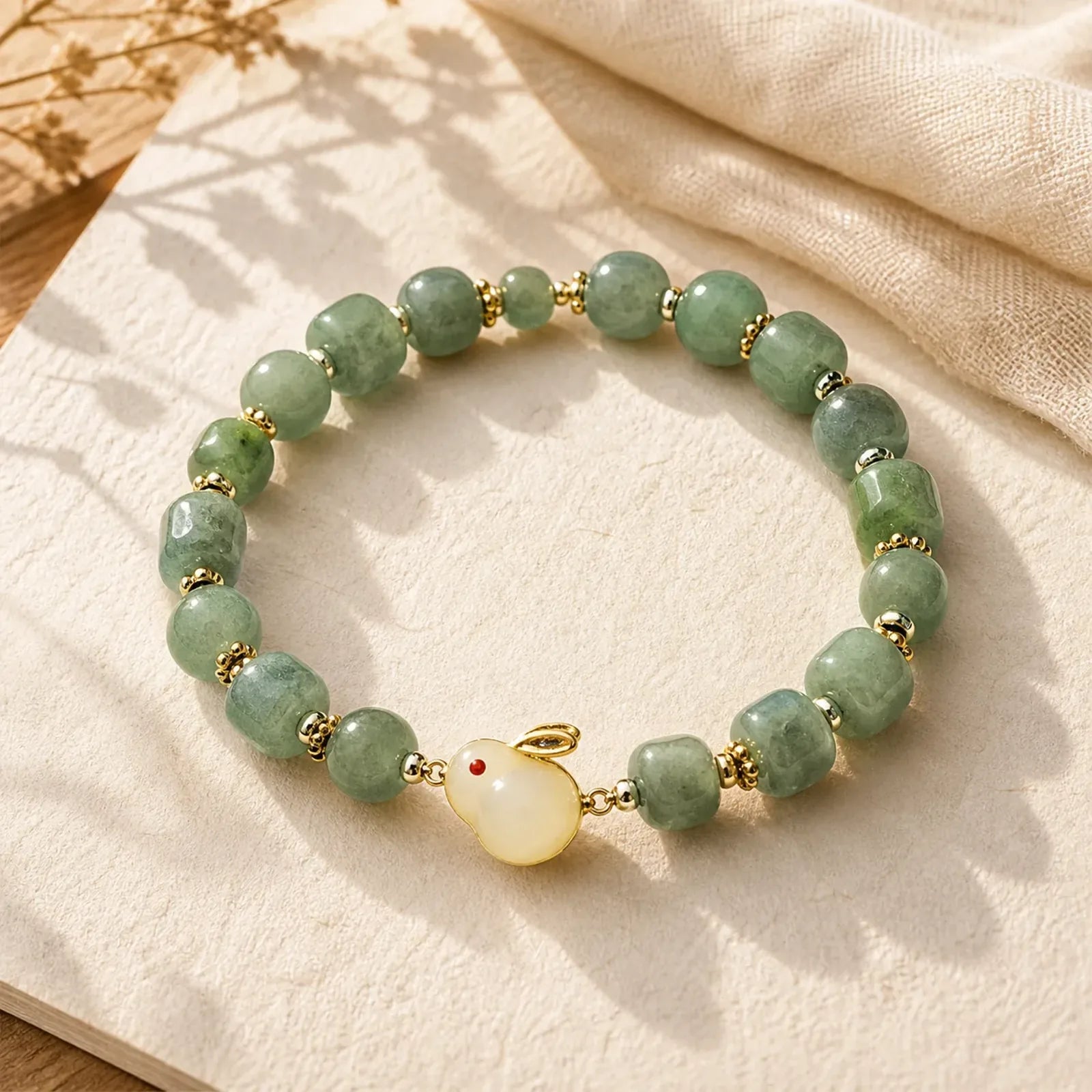 Year of the Rabbit Natural Green Aventurine Luck Bead Bracelet featuring Green Aventurine, Jade, Evil Eye