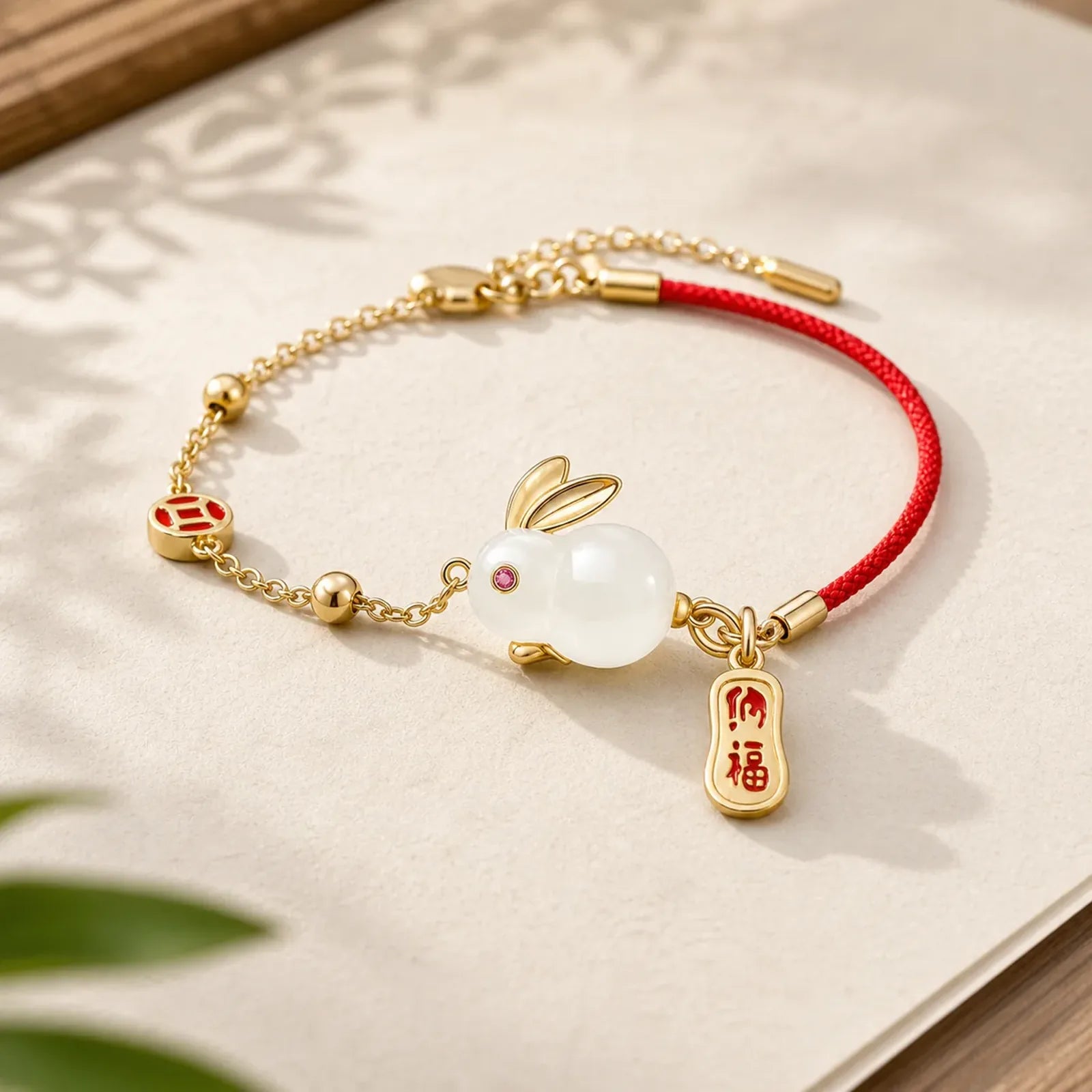 Year of the Rabbit White Jade Happiness Red String Chain Bracelet featuring White Jade, Jade, Red String
