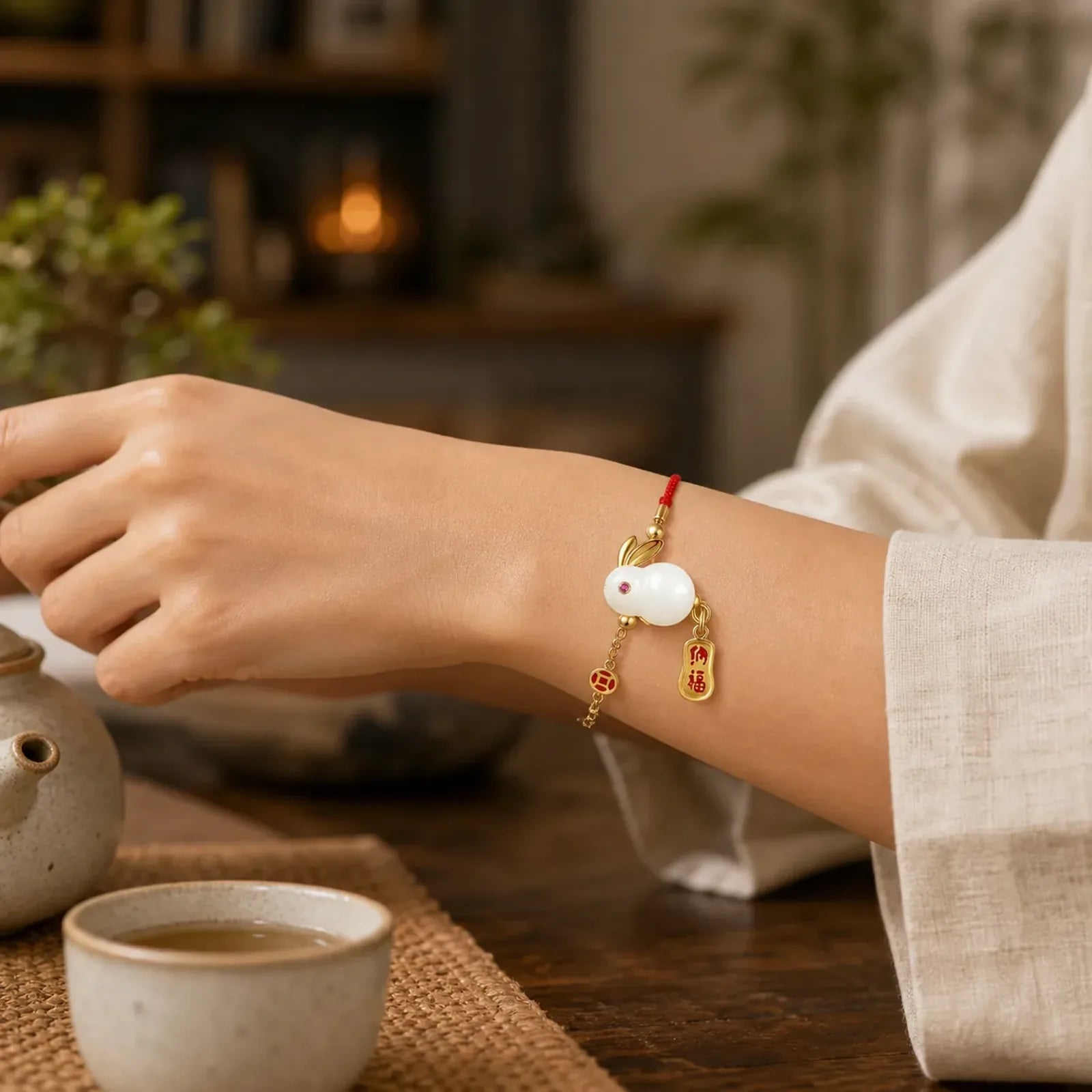 Year of the Rabbit White Jade Happiness Red String Chain Bracelet featuring White Jade, Jade, Red String