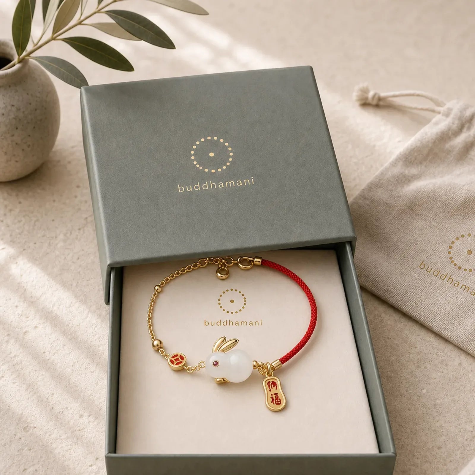 Year of the Rabbit White Jade Happiness Red String Chain Bracelet featuring White Jade, Jade, Red String