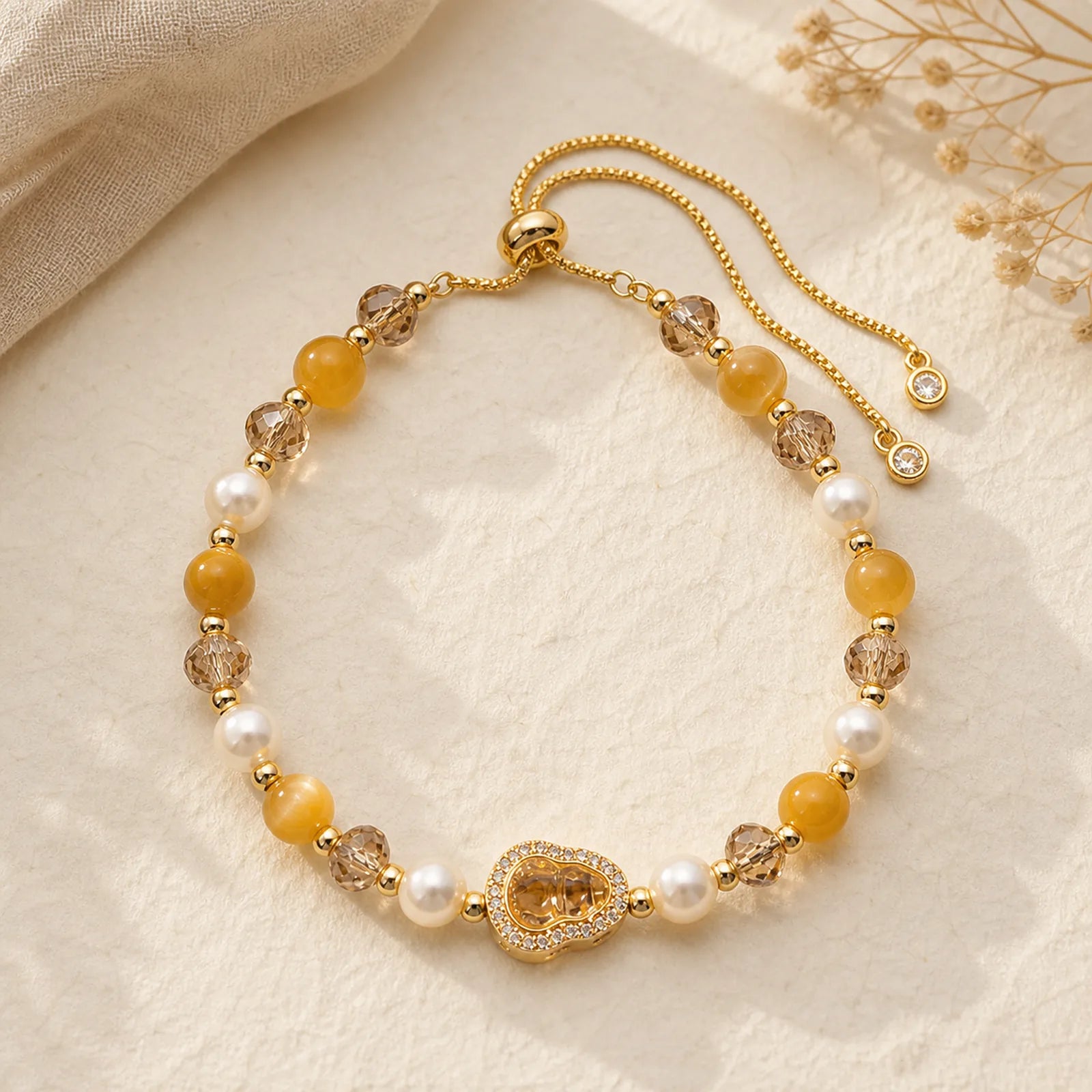 Yellow Cat's Eye Stone Pearl Gourd Prosperity Bracelet featuring Yellow Cat's Eye, Cat's Eye / Chrysoberyl, Pearl
