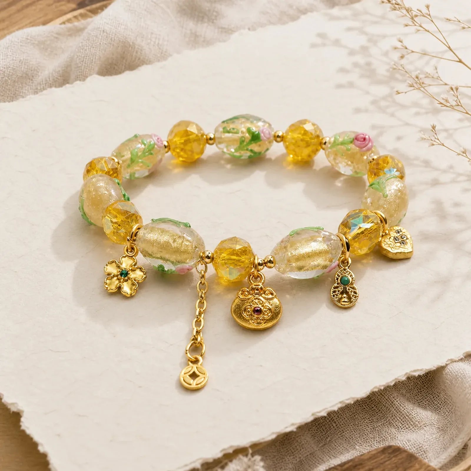 Yellow Liuli Faceted Money Bag Copper Coin Gourd Abundance Charm Chinese Style Bracelet featuring Copper, Five Elements