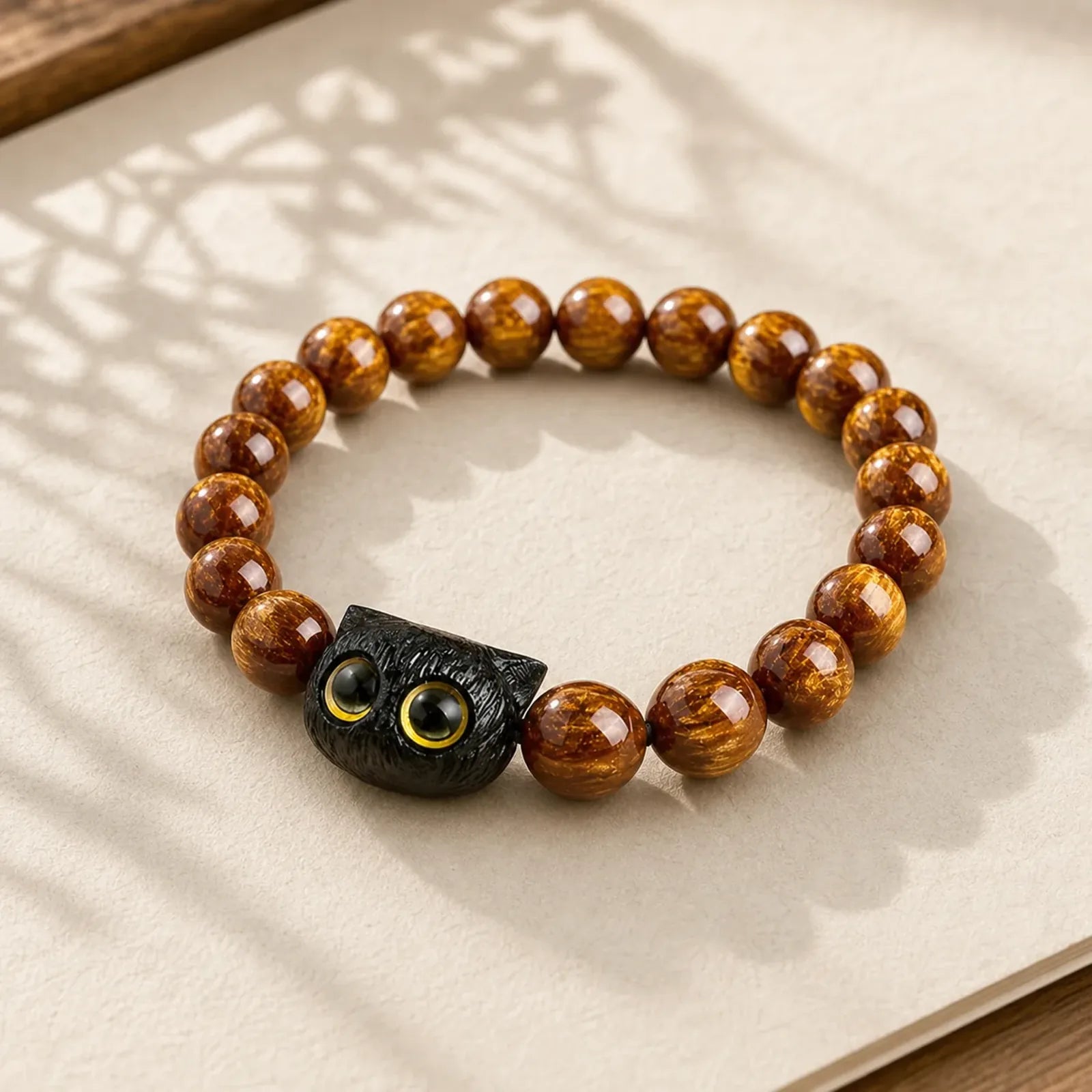 Yellow Resin Beads Ebony Wood Cat Peace Bracelet featuring Ebony Wood, Ebony