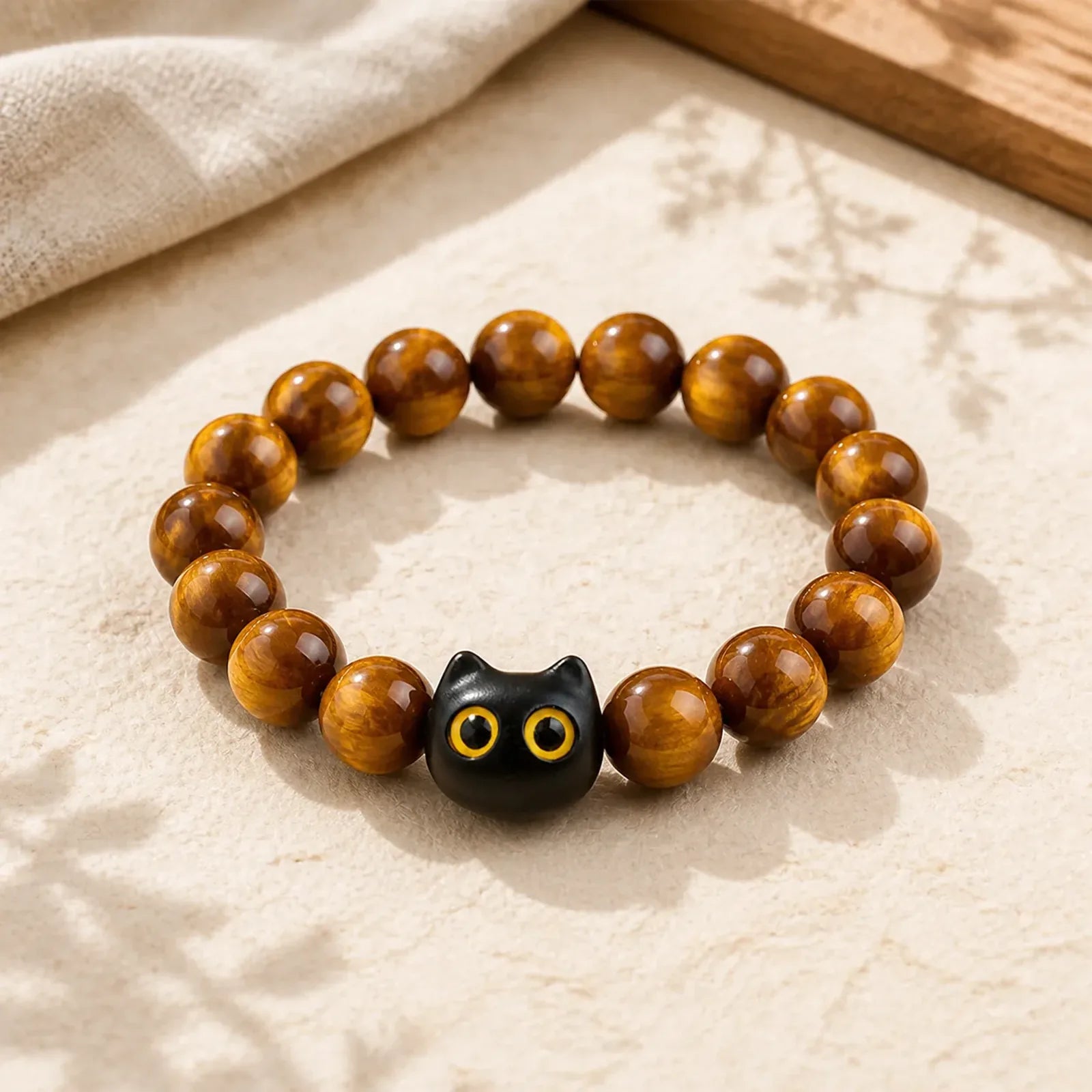 Yellow Resin Beads Yellow Eyes Ebony Wood Cat Calm Bracelet featuring Ebony Wood, Ebony