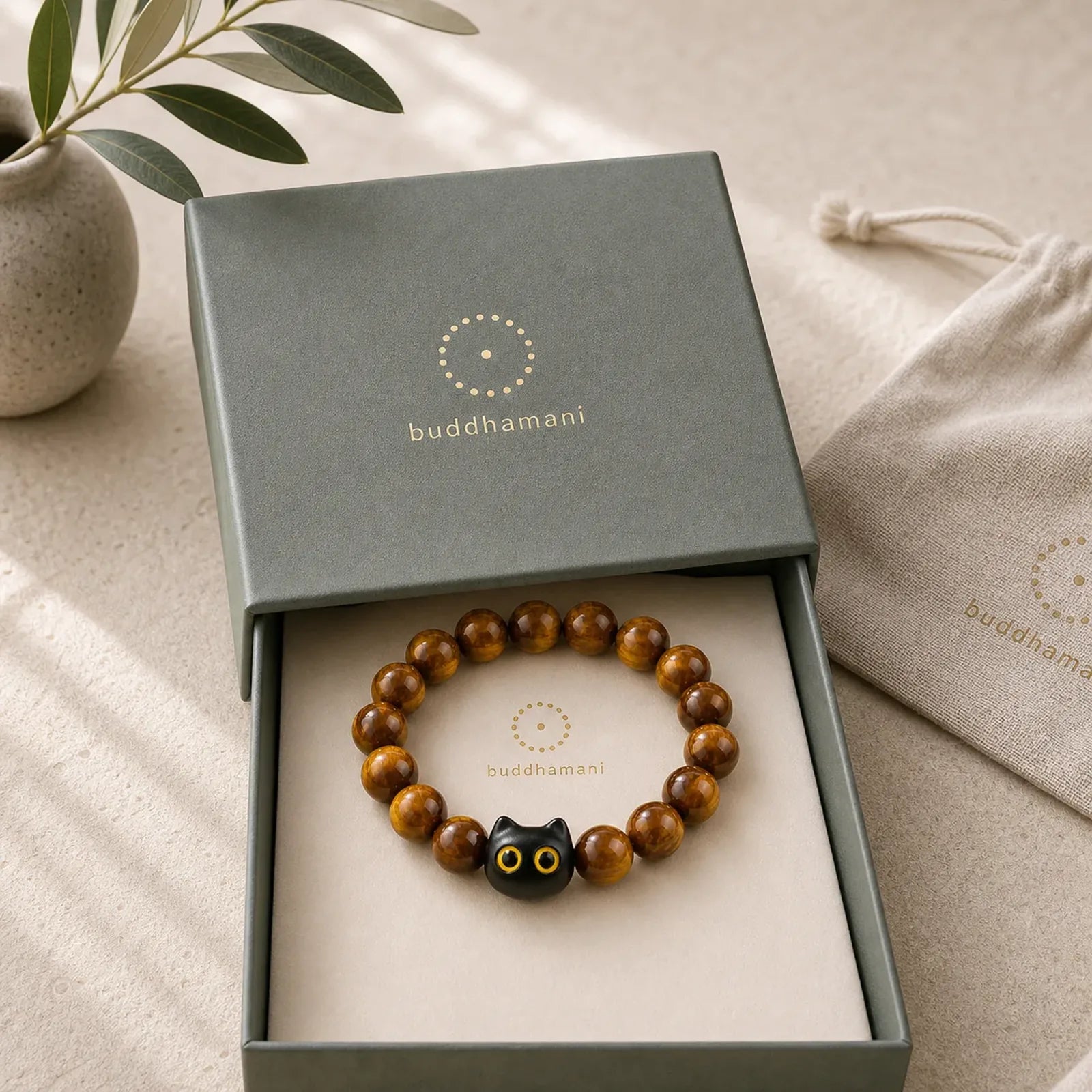 Yellow Resin Beads Yellow Eyes Ebony Wood Cat Calm Bracelet featuring Ebony Wood, Ebony