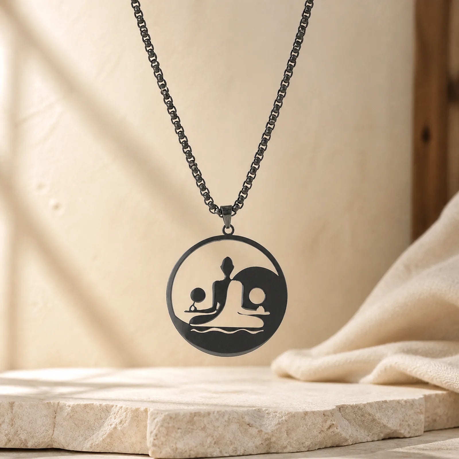 Yin Yang Buddha Figure Hollow Design Stainless Steel Balance Necklace Pendant featuring Yin Yang Symbol, Buddha Symbol