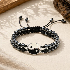 Yin Yang Hematite Frosted Stone Lava Rock Support Bracelet featuring Hematite, Frosted Stone, Lava Rock