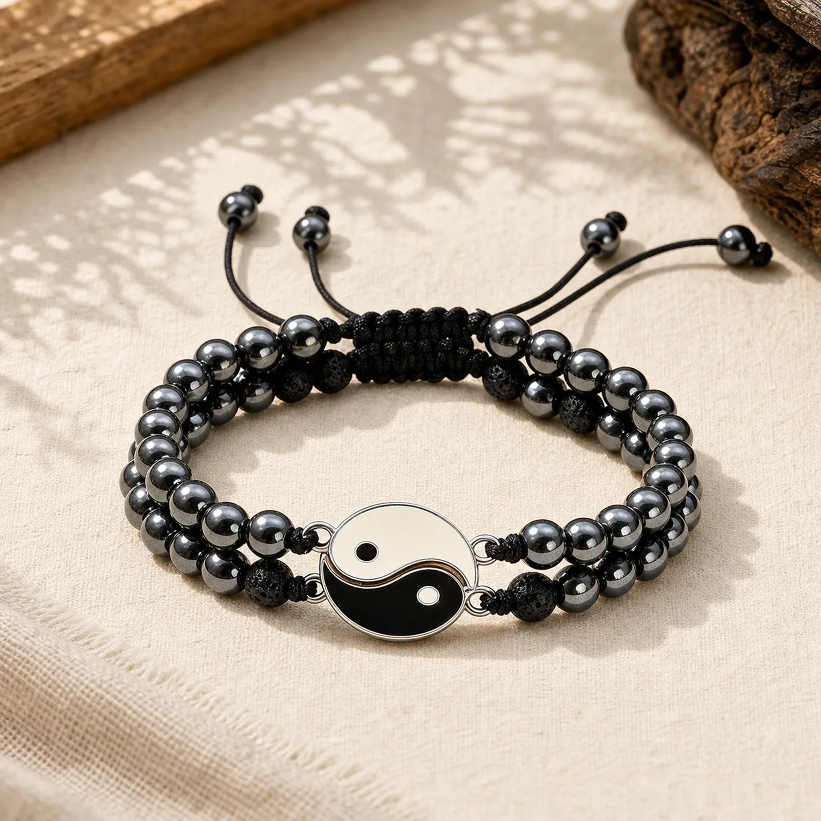 Yin Yang Hematite Frosted Stone Lava Rock Support Bracelet featuring Hematite, Frosted Stone, Lava Rock