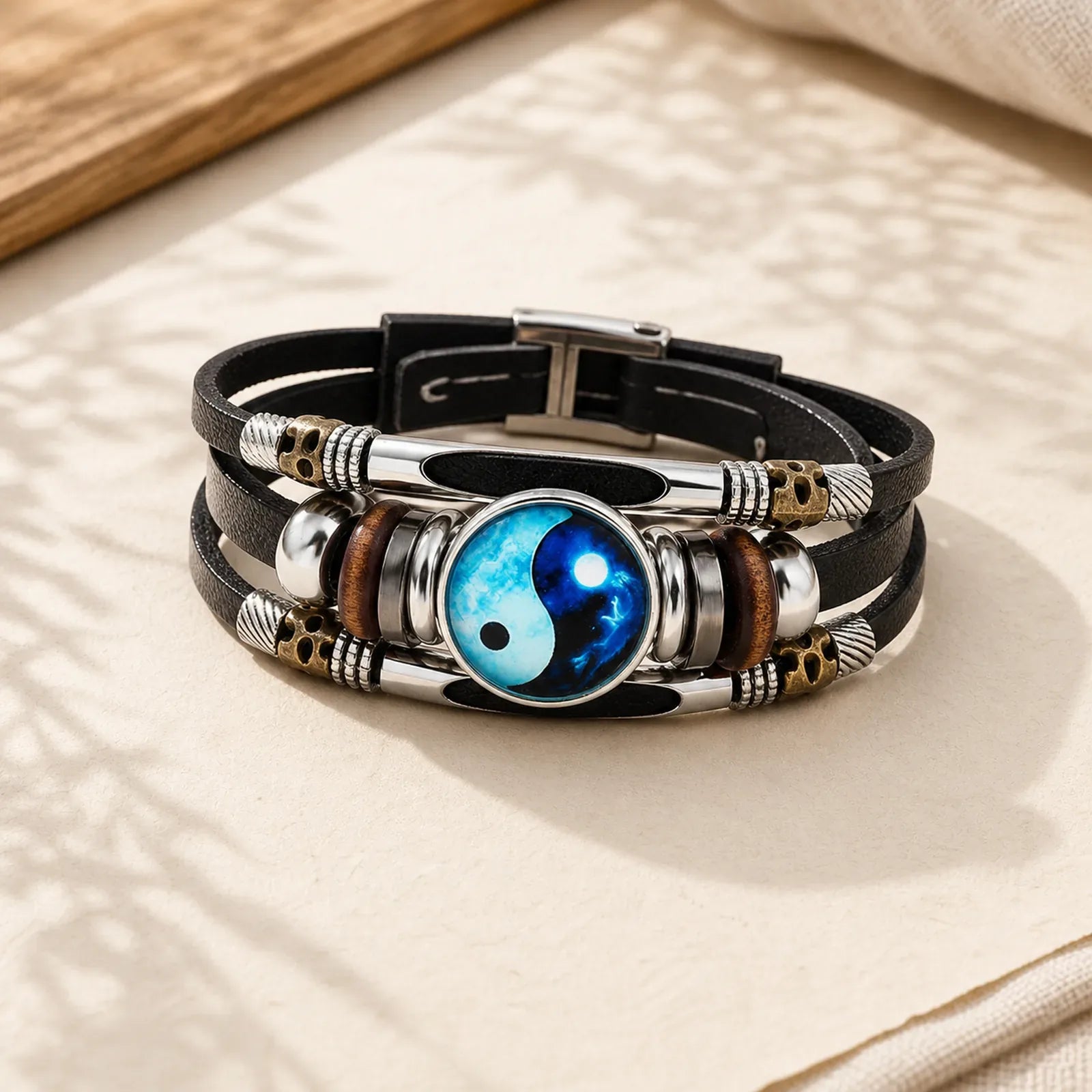 Yin Yang Leather Balance Bracelet featuring Yin Yang Symbol