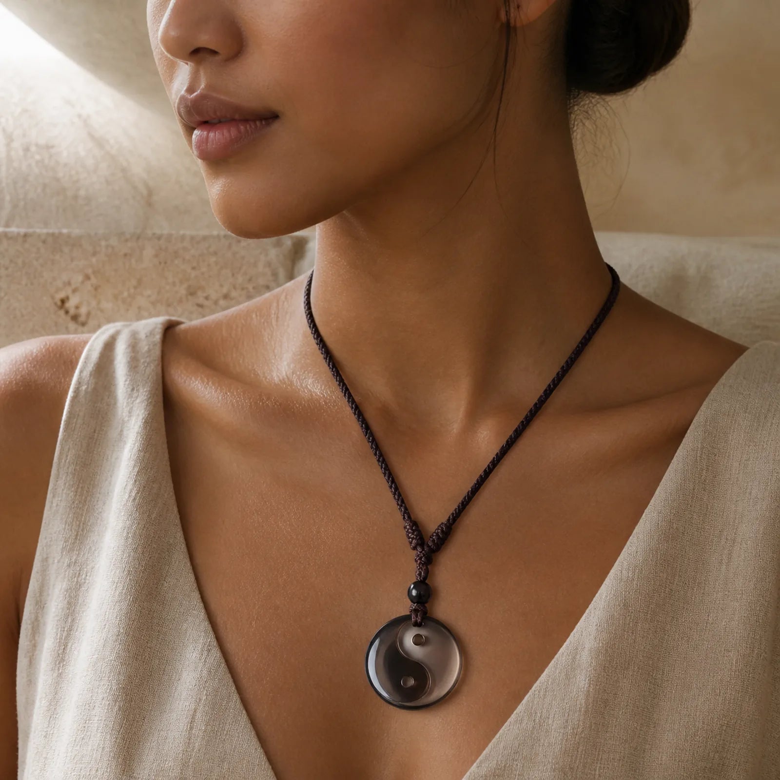 Yin Yang Symbol Ice Obsidian Positive Necklace Pendant featuring Yin Yang Symbol, Ice Obsidian, Obsidian