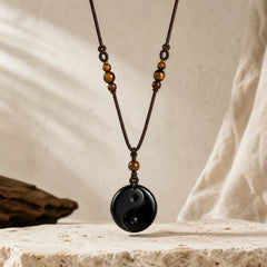 Yin Yang Symbol Om Mani Padme Hum Black Obsidian Strength Necklace Pendant featuring Yin Yang Symbol, Om Mani Padme Hum, Om