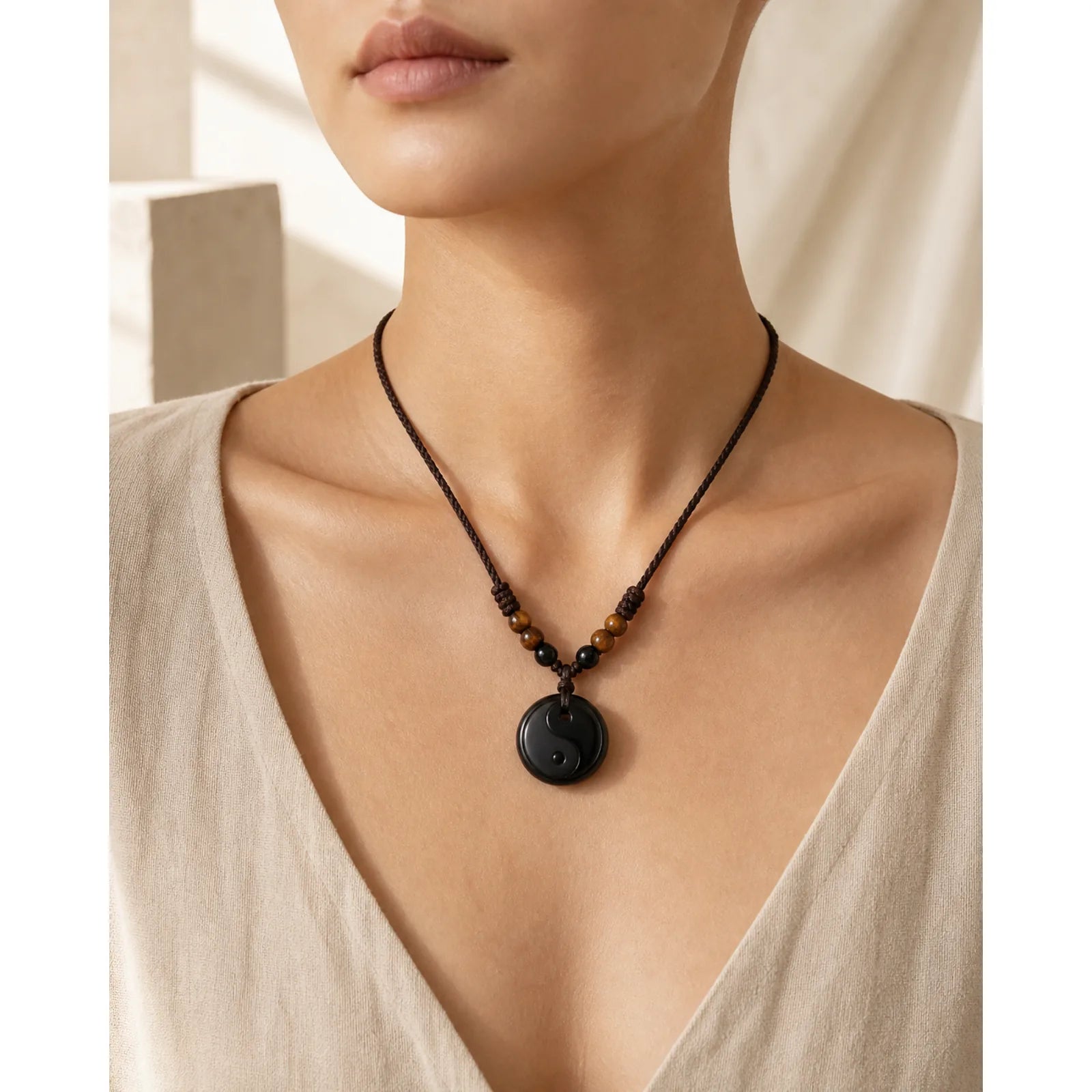 Yin Yang Symbol Om Mani Padme Hum Black Obsidian Strength Necklace Pendant featuring Yin Yang Symbol, Om Mani Padme Hum, Om