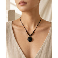Yin Yang Symbol Om Mani Padme Hum Black Obsidian Strength Necklace Pendant featuring Yin Yang Symbol, Om Mani Padme Hum, Om