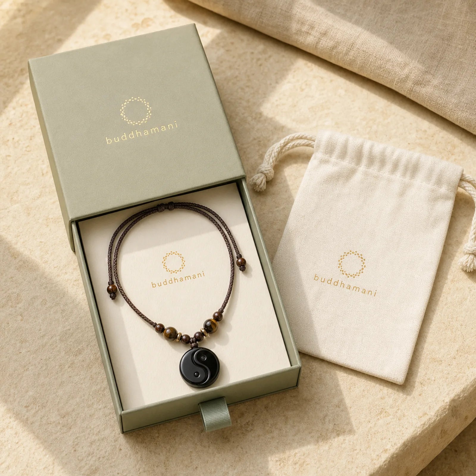 Yin Yang Symbol Om Mani Padme Hum Black Obsidian Strength Necklace Pendant featuring Yin Yang Symbol, Om Mani Padme Hum, Om