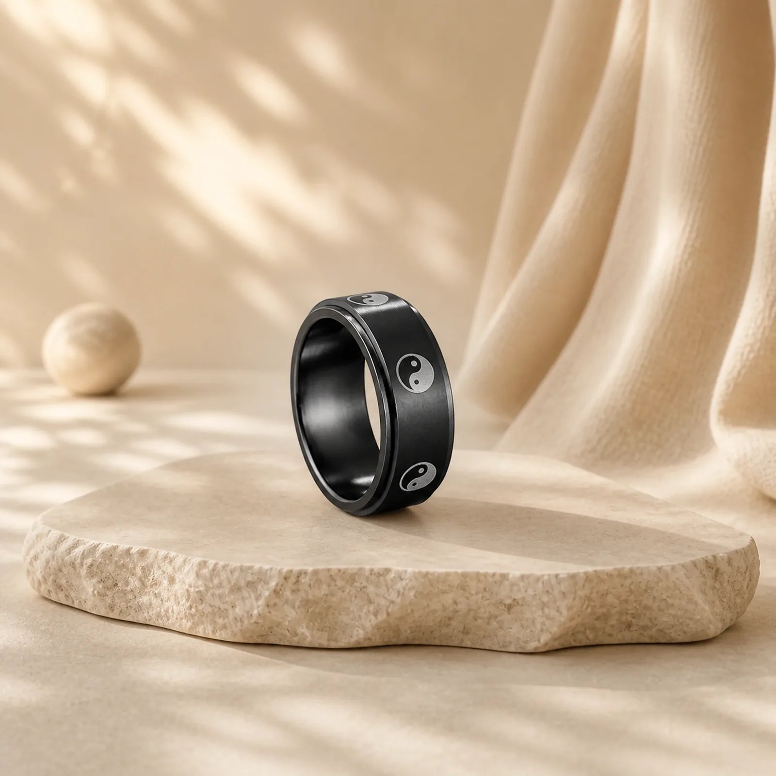 Yin Yang Titanium Steel Balance Rotatable Ring featuring Titanium Steel, Yin Yang Symbol