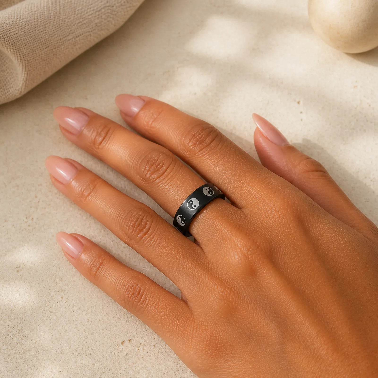 Yin Yang Titanium Steel Balance Rotatable Ring featuring Titanium Steel, Yin Yang Symbol