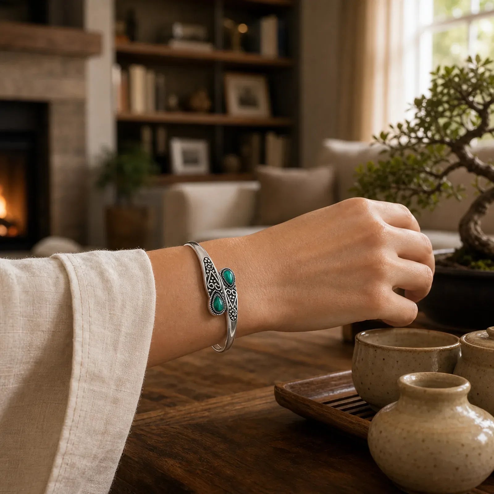 Zircon Water Drop Pattern Healing Cuff Bracelet Bangle featuring Malachite, Moonstone, Copper