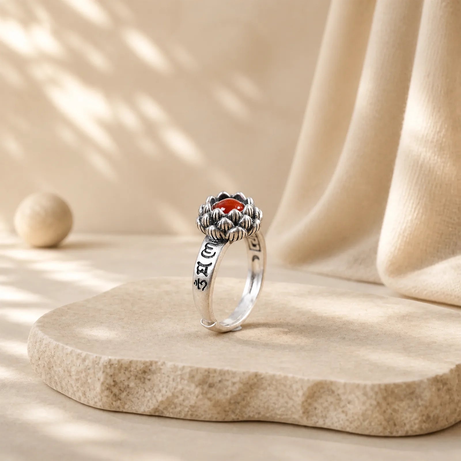 Buddha Stones925 Sterling Silver Lotus Red Agate Confidence Blessing Ring featuring Silver, Lotus, Red Agate