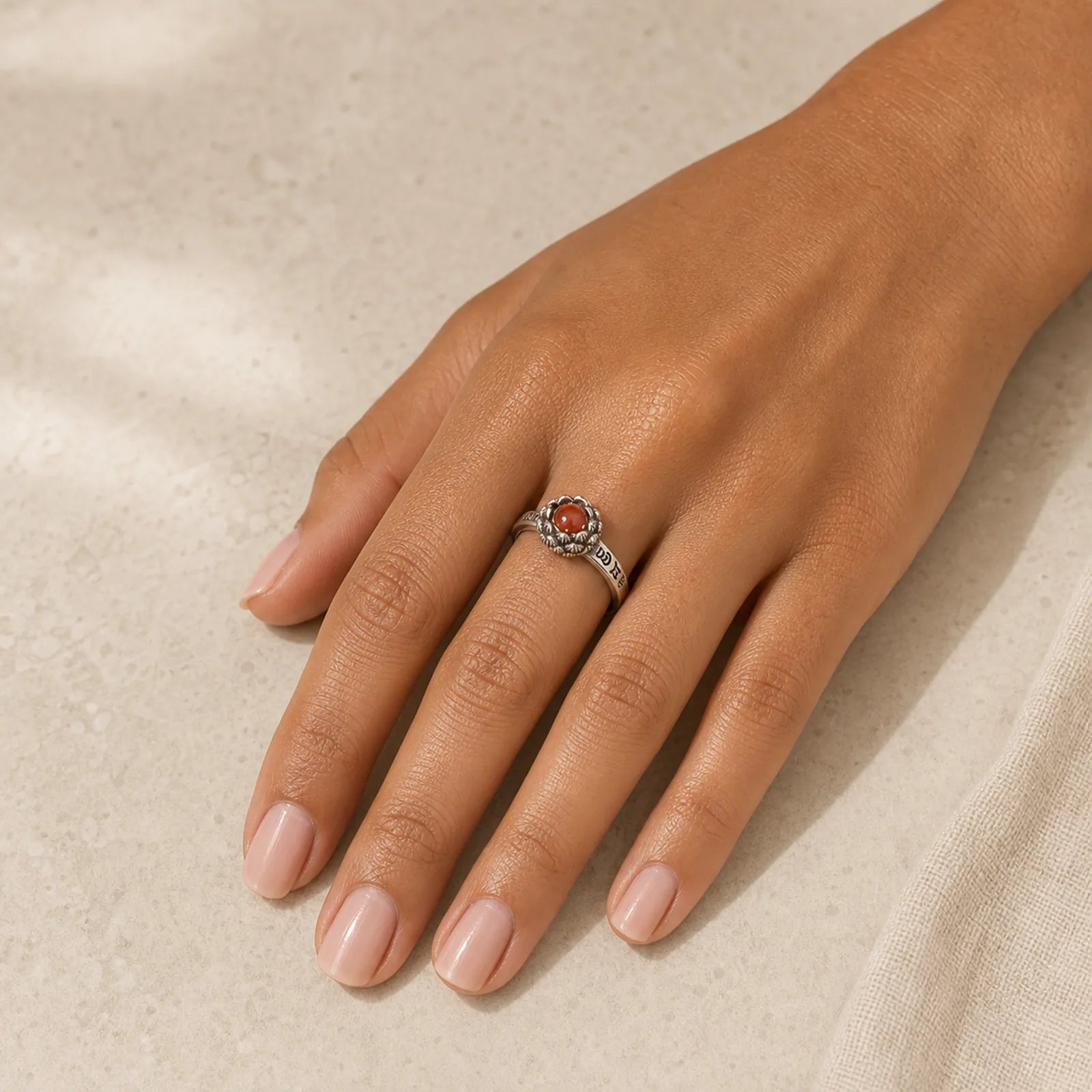 Buddha Stones925 Sterling Silver Lotus Red Agate Confidence Blessing Ring featuring Silver, Lotus, Red Agate