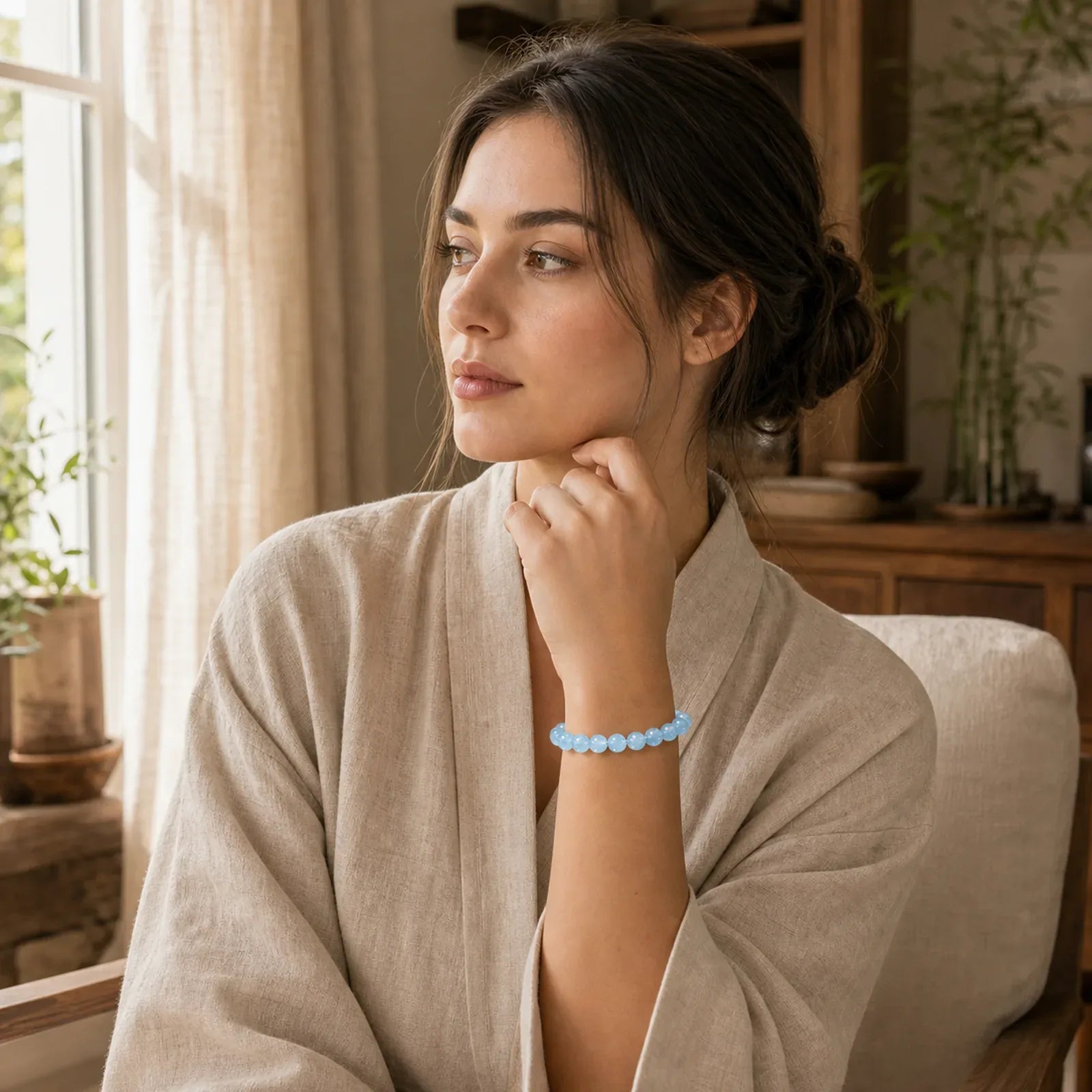 Buddhastoneshop Aquamarine Beads Peace Healing Bracelet featuring Aquamarine