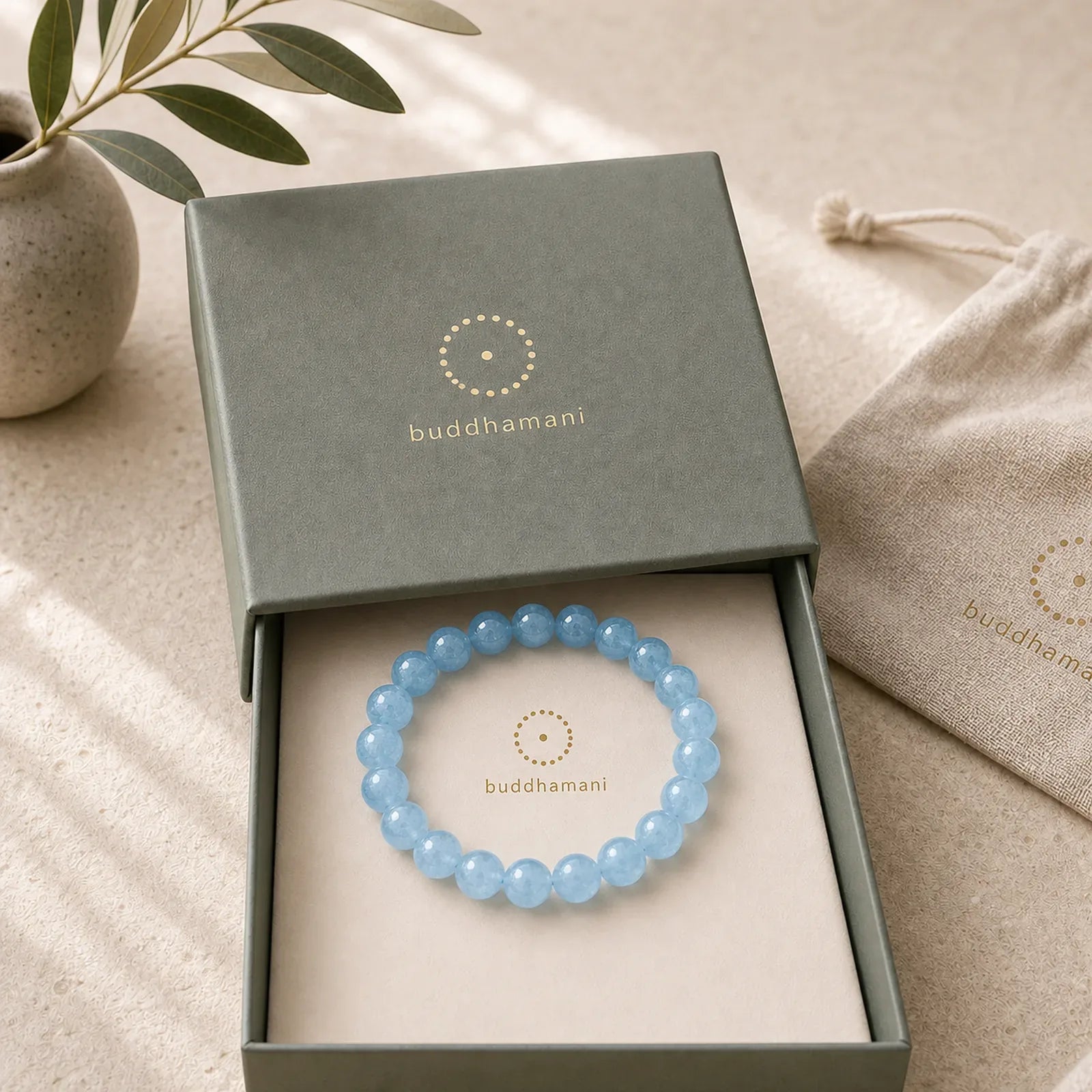Buddhastoneshop Aquamarine Beads Peace Healing Bracelet featuring Aquamarine