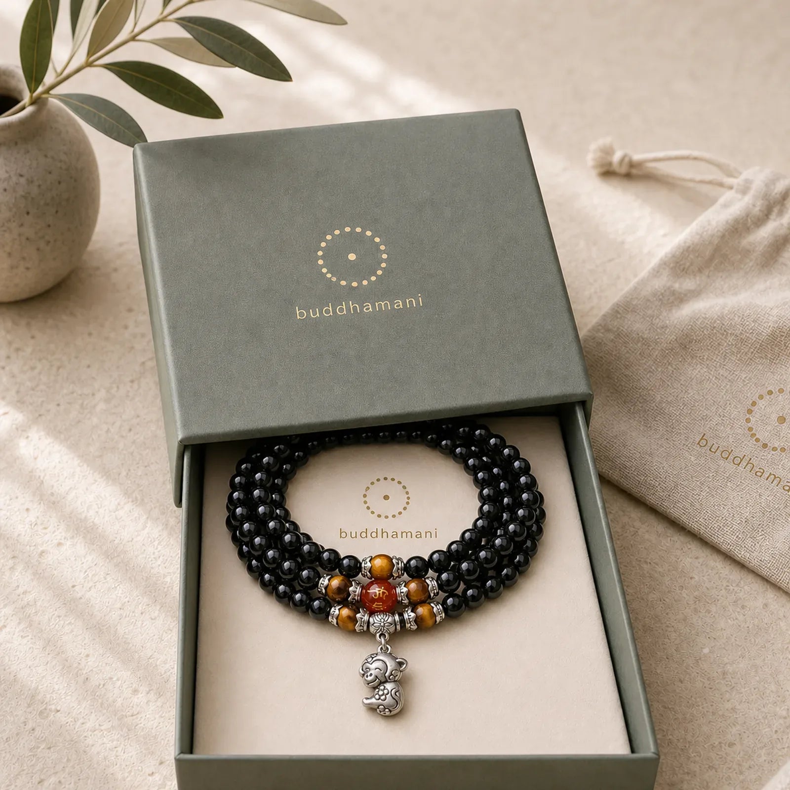 Chinese Zodiac 108 Beads Black Obsidian Tiger Eye Fortune Mala Bracelet featuring Black Obsidian, Tiger Eye, Dragon