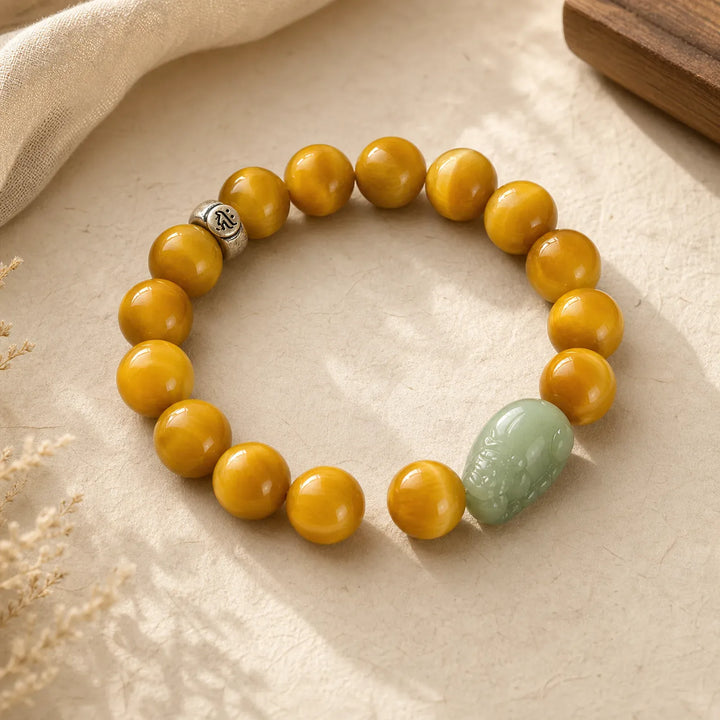 Yellow tiger eye and green jade Buddha bracelet with silver charm, handcrafted for healing and protection