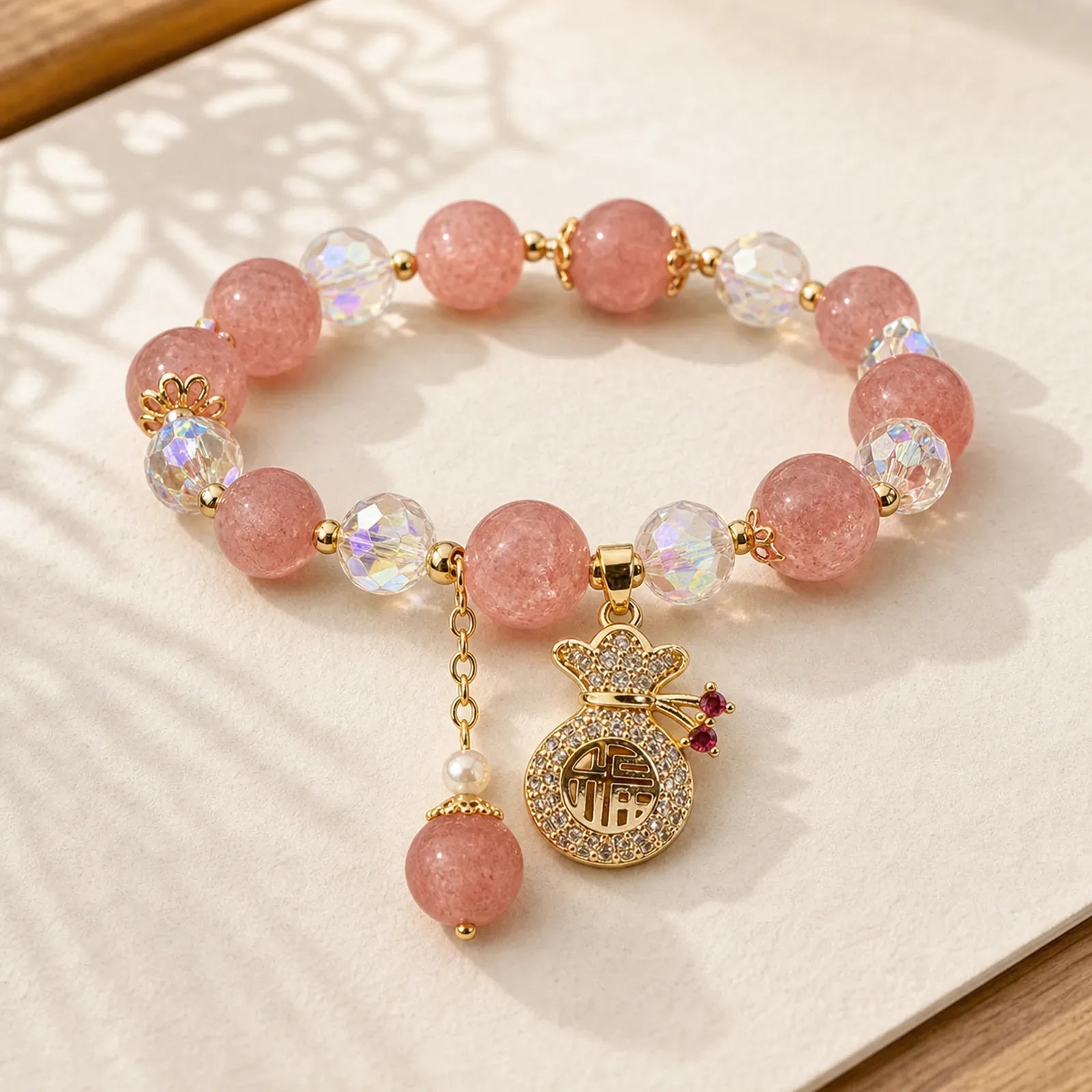 FREE Today: Love Healing Natural Strawberry Quartz Money Bag Charm Positive Bracelet featuring Strawberry Quartz