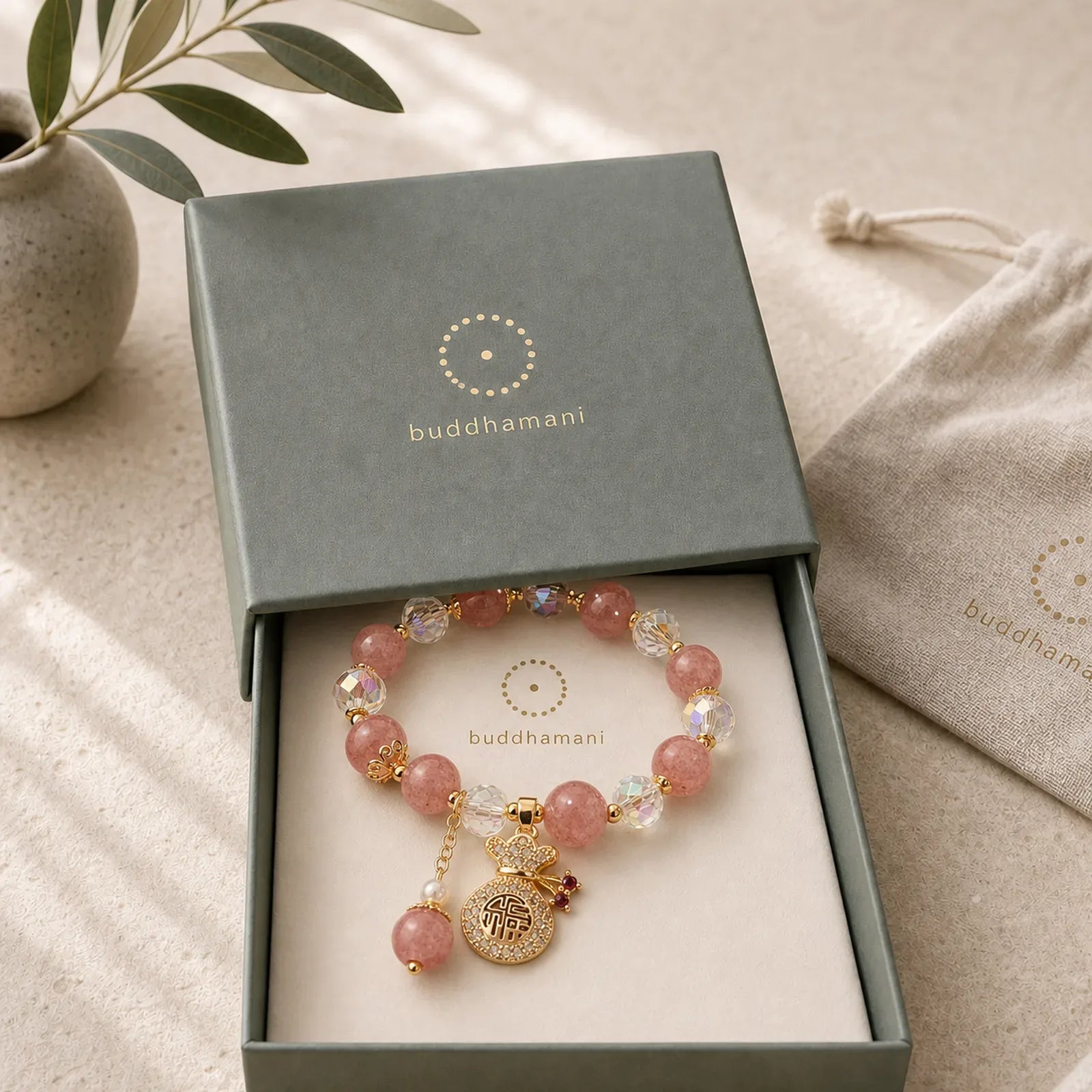 FREE Today: Love Healing Natural Strawberry Quartz Money Bag Charm Positive Bracelet featuring Strawberry Quartz