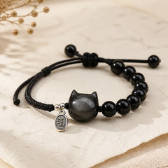 FREE Today: Soothing Strength Black Obsidian Silver Sheen Obsidian Cute Cat Dancing Lion Bracelet featuring Black Obsidian, Silver, Silver Sheen Obsidian