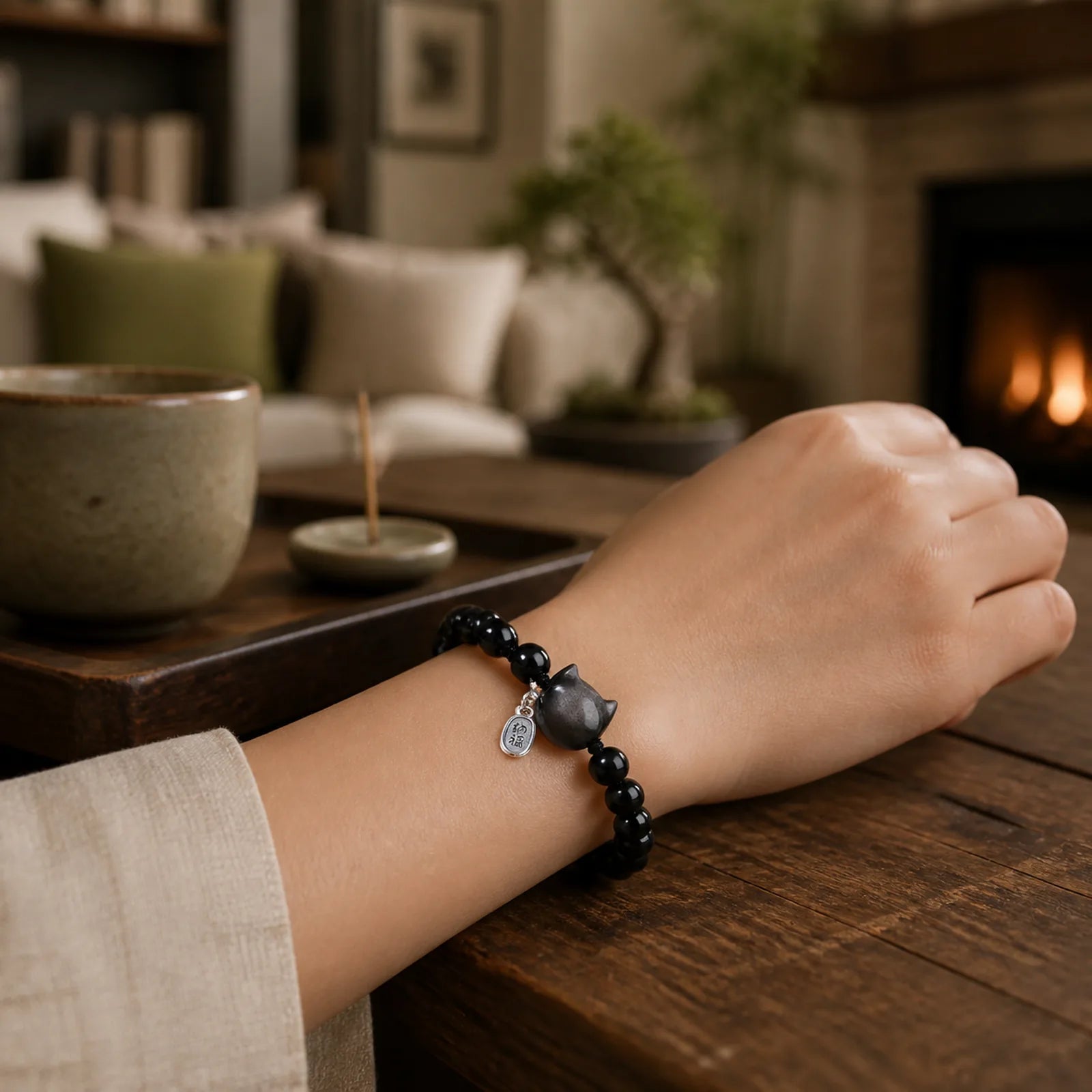 FREE Today: Soothing Strength Black Obsidian Silver Sheen Obsidian Cute Cat Dancing Lion Bracelet featuring Black Obsidian, Silver, Silver Sheen Obsidian