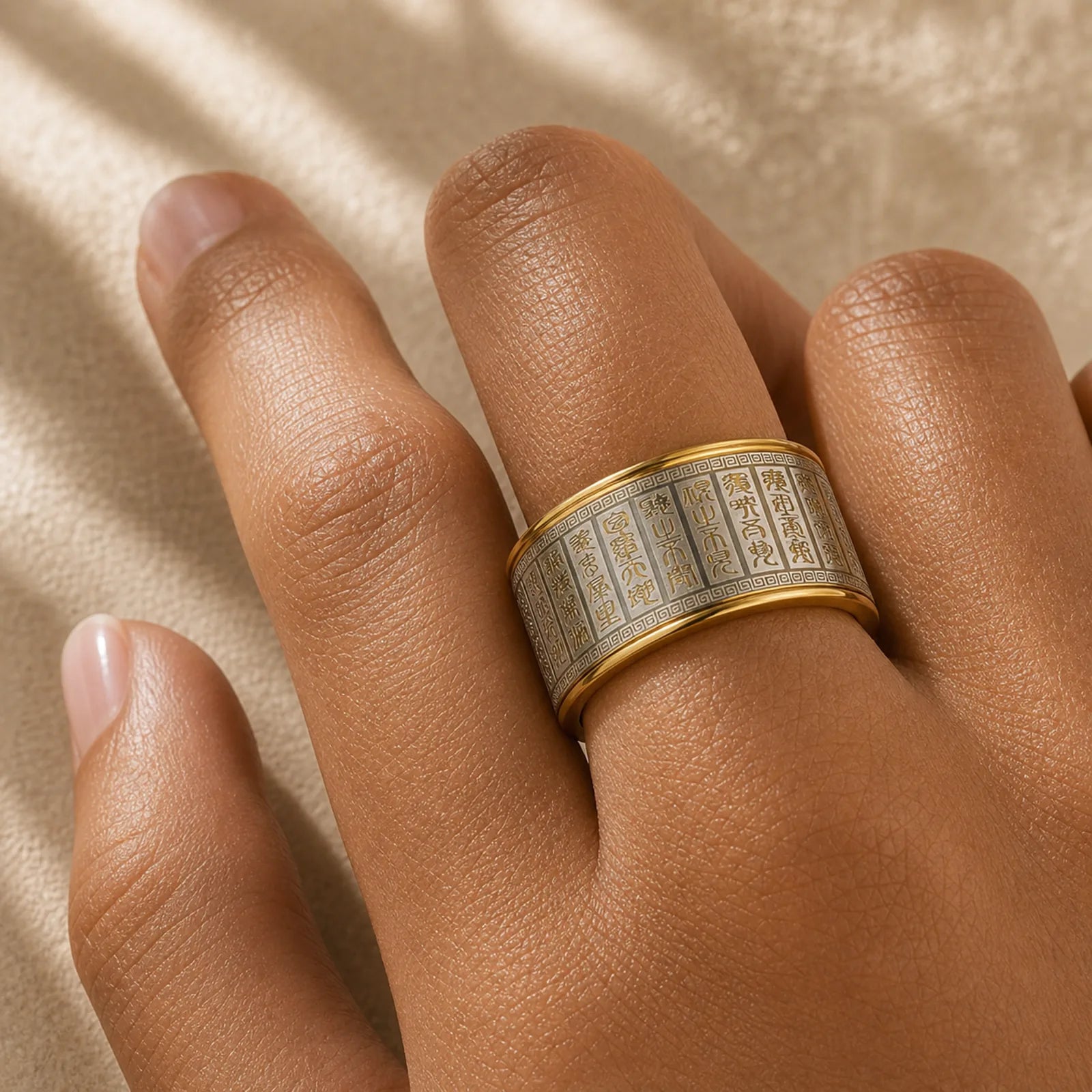 FREE Today: Strengthen Balance Tibetan Script Golden Light Mantra Titanium Steel Rotatable Ring featuring Titanium Steel