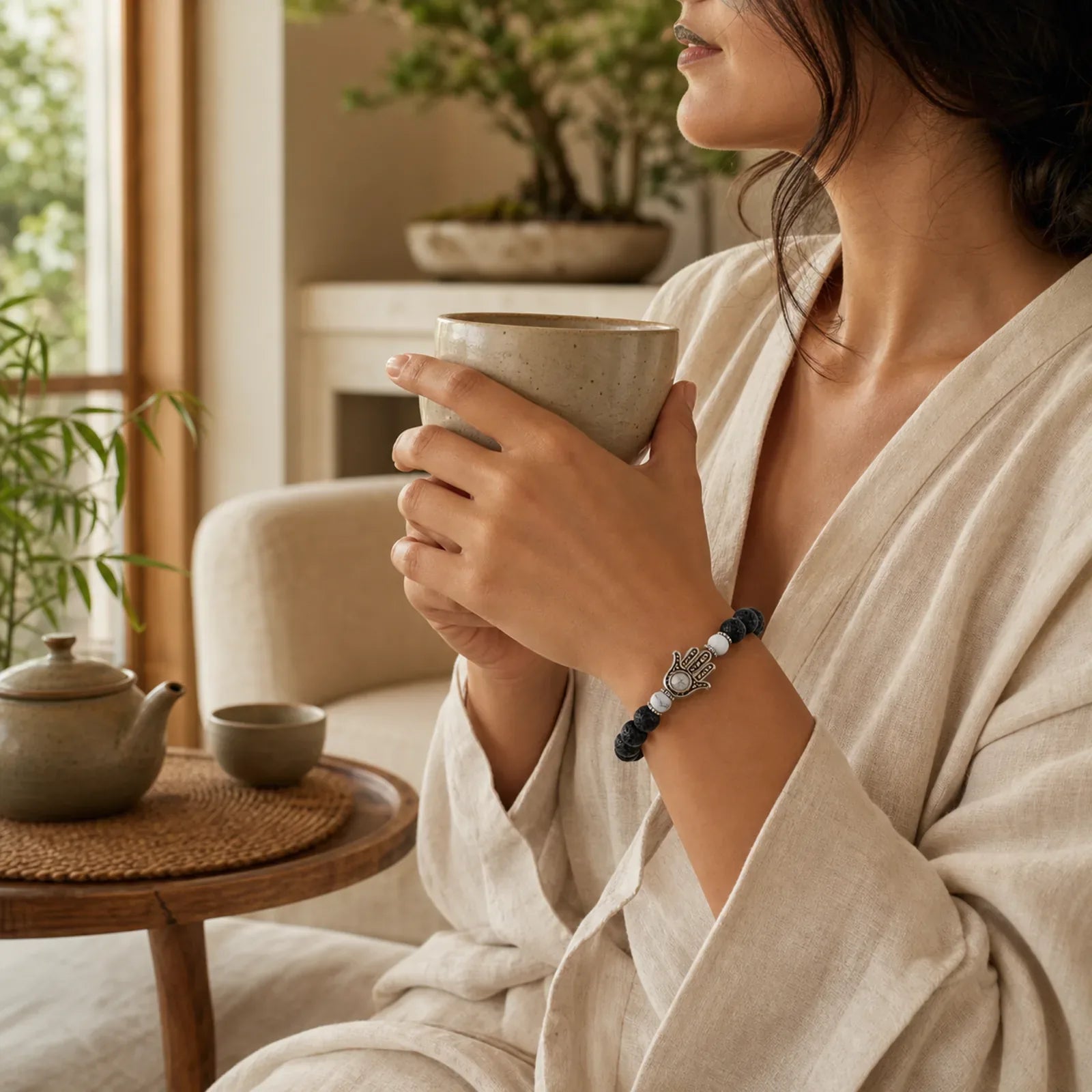 FREE Today: Support and Protection Lava Rock Hamsa Palm Handcrafted Round Bracelet featuring Lava Rock