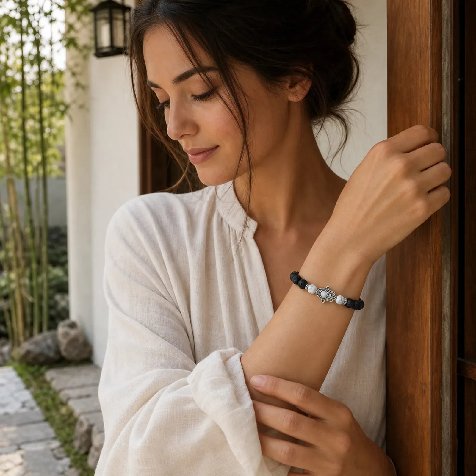FREE Today: Support and Protection Lava Rock Hamsa Palm Handcrafted Round Bracelet featuring Lava Rock