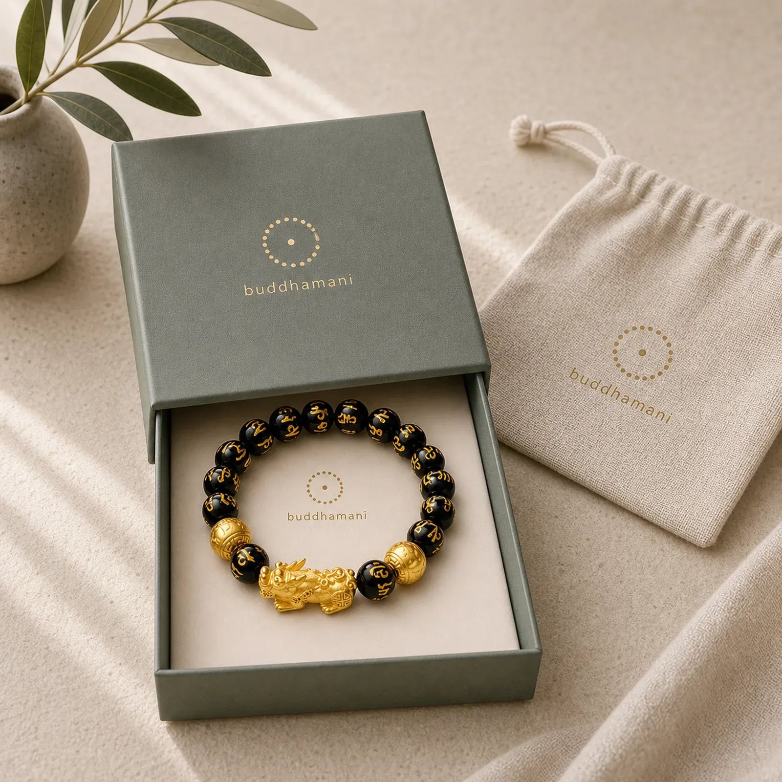 Feng Shui PiXiu Obsidian Attract Wealth Bracelet featuring Pixiu, Obsidian, Om