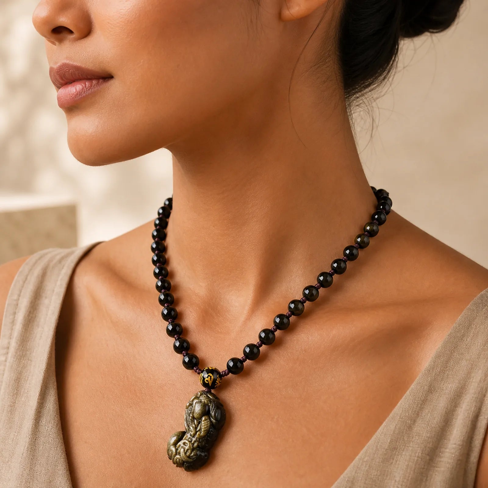FengShui Gold Sheen Obsidian PiXiu Wealth Necklace (Extra 35% Off | USE CODE: FS35) featuring Gold Sheen Obsidian, Obsidian, Pixiu