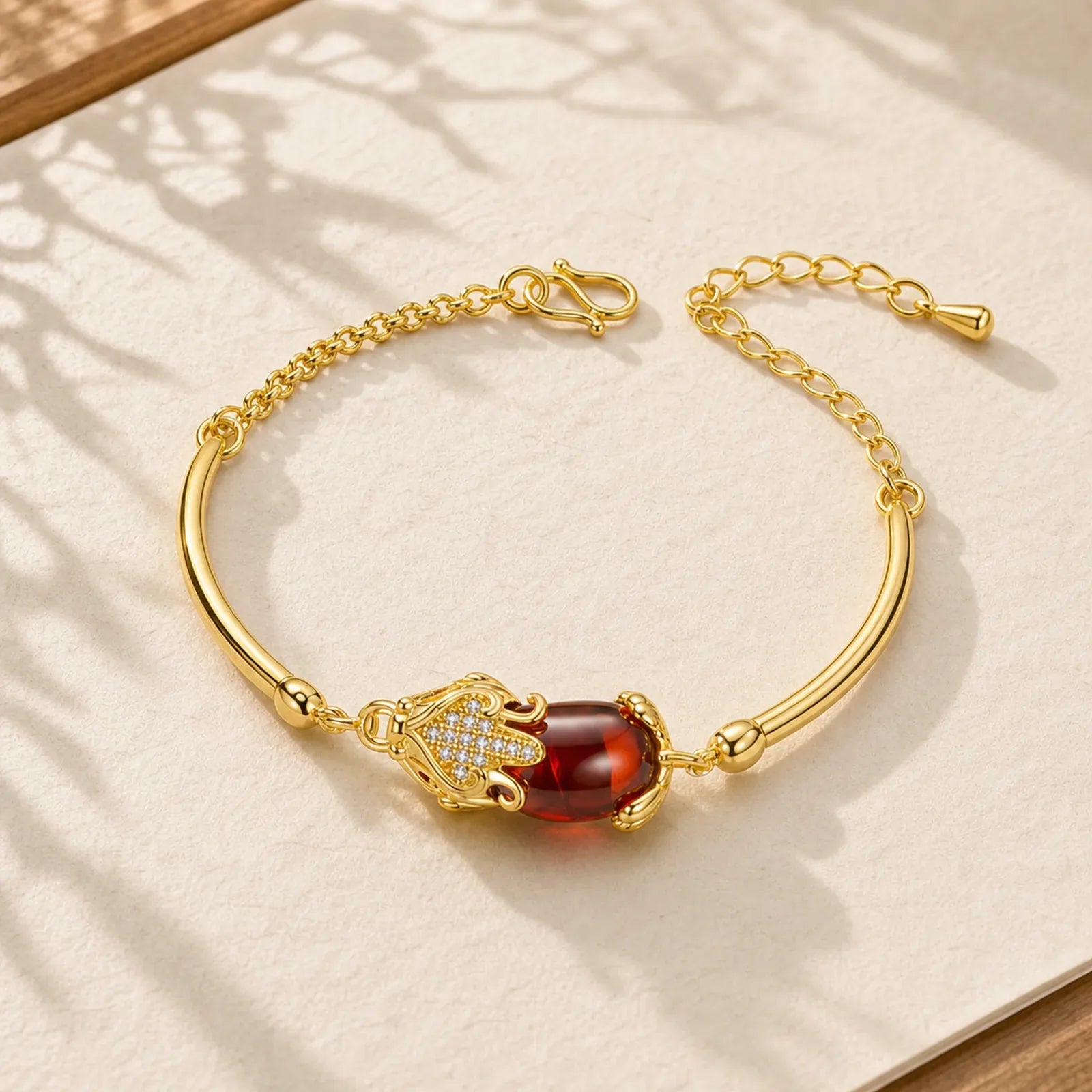 FengShui Golden Red Agate PiXiu Wealth Luck Bracelet featuring Red Agate, Pixiu, Copper