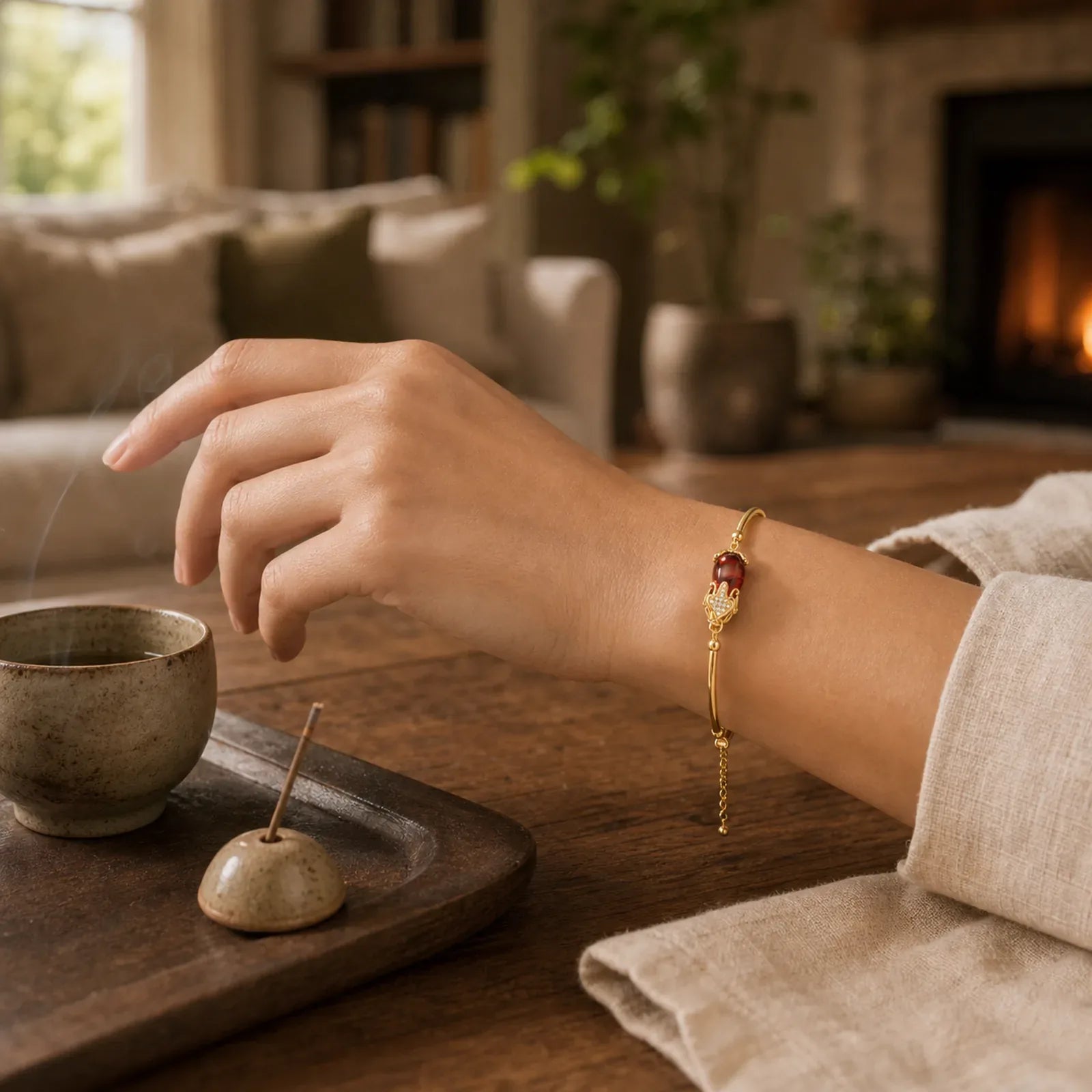 FengShui Golden Red Agate PiXiu Wealth Luck Bracelet featuring Red Agate, Pixiu, Copper