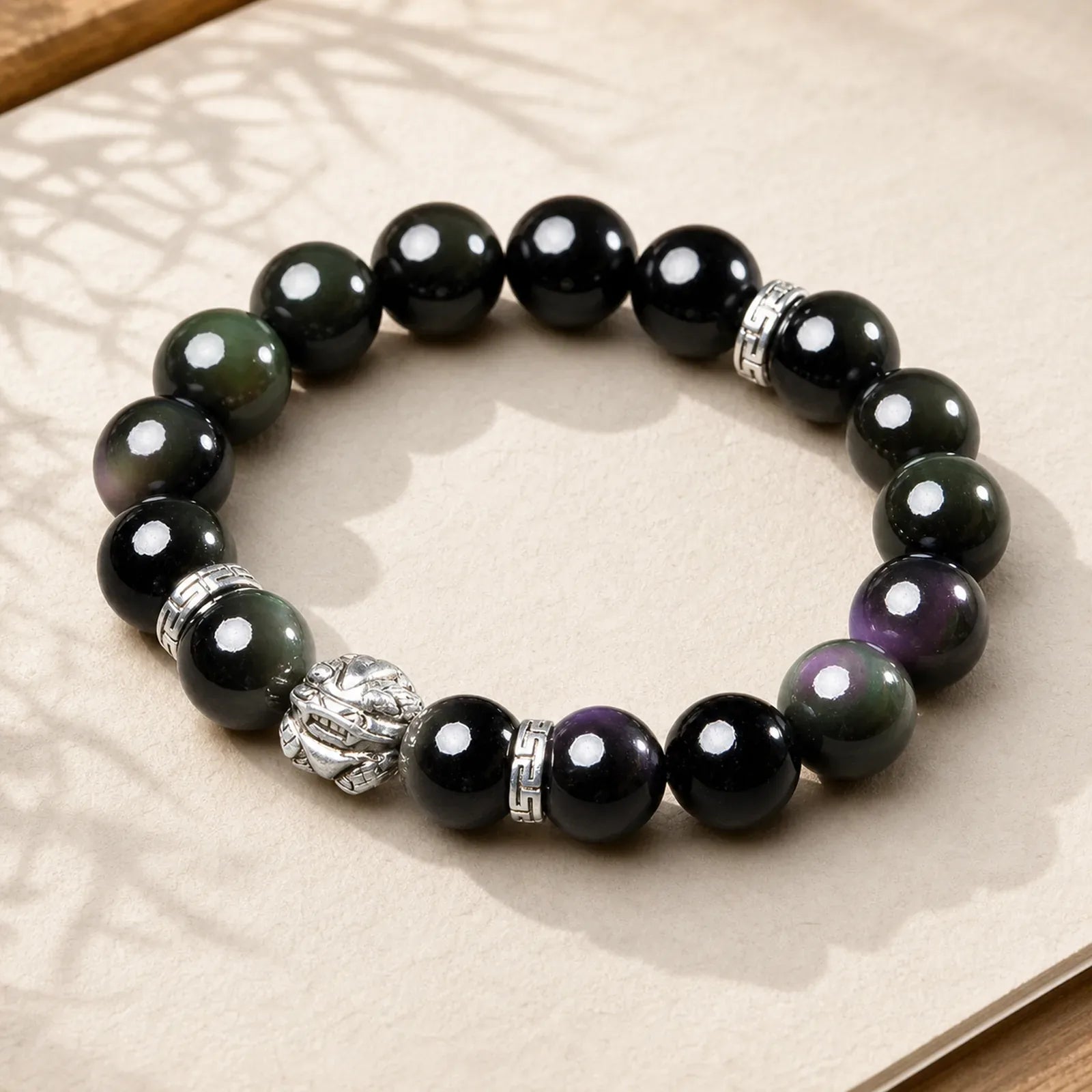 FengShui Natural Rainbow Obsidian PiXiu Blessing Bracelet featuring Rainbow Obsidian, Pixiu