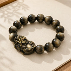 FengShui PiXiu Golden Obsidian Protection Bracelet featuring Pixiu, Golden Obsidian, Obsidian