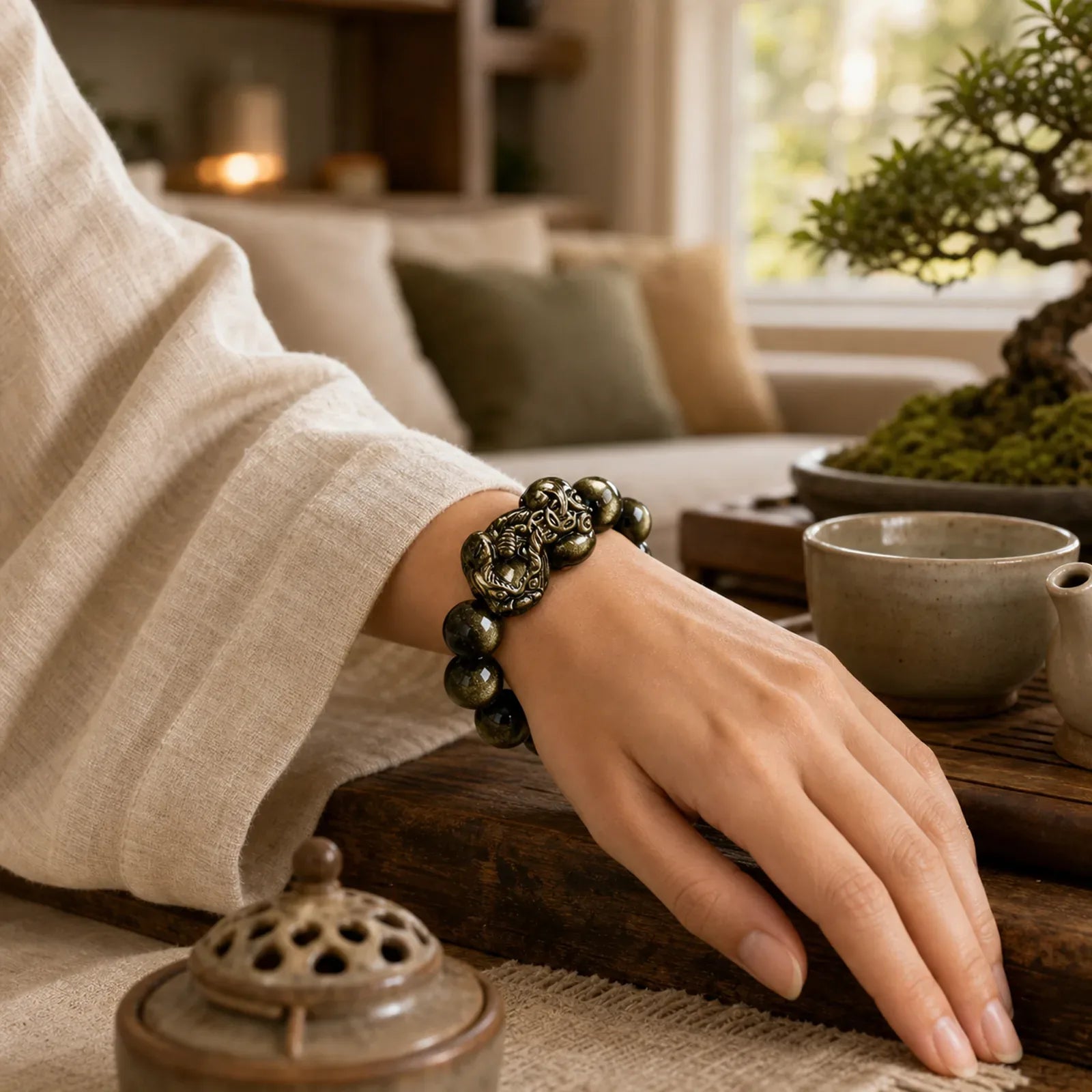 FengShui PiXiu Golden Obsidian Protection Bracelet featuring Pixiu, Golden Obsidian, Obsidian