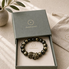 FengShui PiXiu Golden Obsidian Protection Bracelet featuring Pixiu, Golden Obsidian, Obsidian