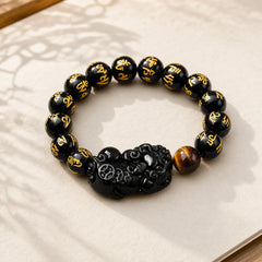 FengShui PiXiu Obsidian Wealth Bracelet featuring Pixiu, Rainbow Obsidian