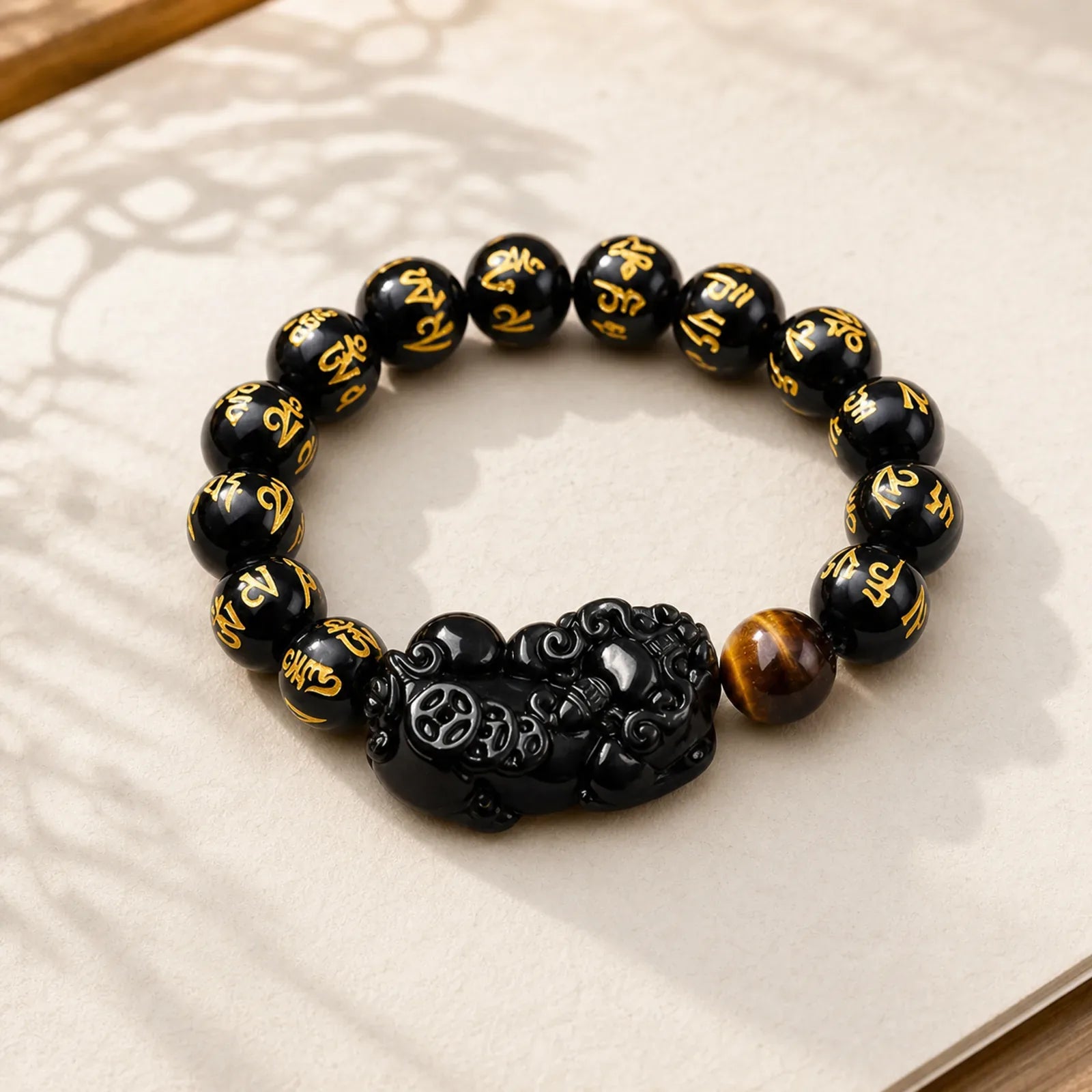 FengShui PiXiu Obsidian Wealth Bracelet featuring Pixiu, Rainbow Obsidian